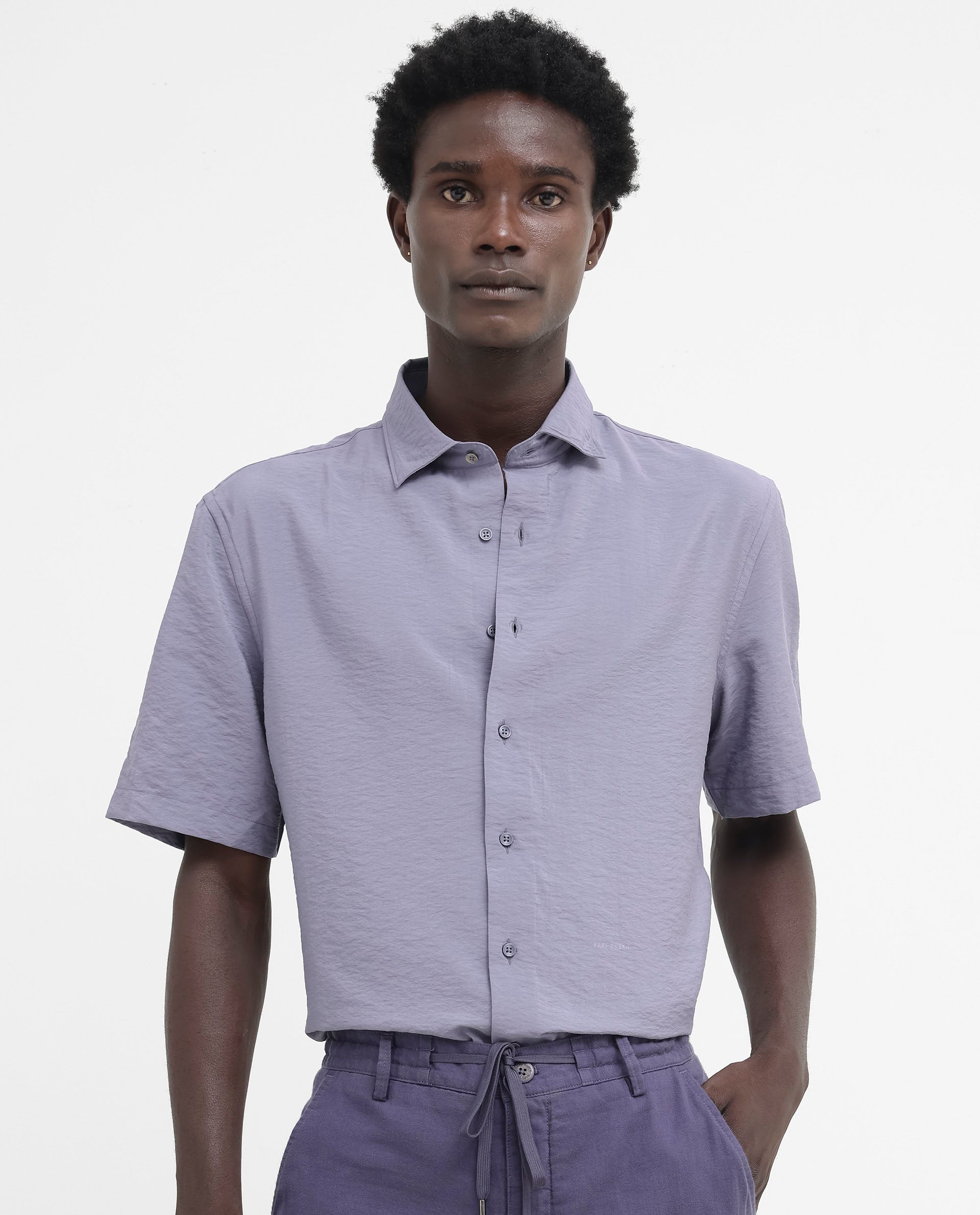 Rare Rabbit Men's Flo Dusky Purple Viscose Fabric Half Sleeves Boxy Fit Creased Effect Solid Shirt