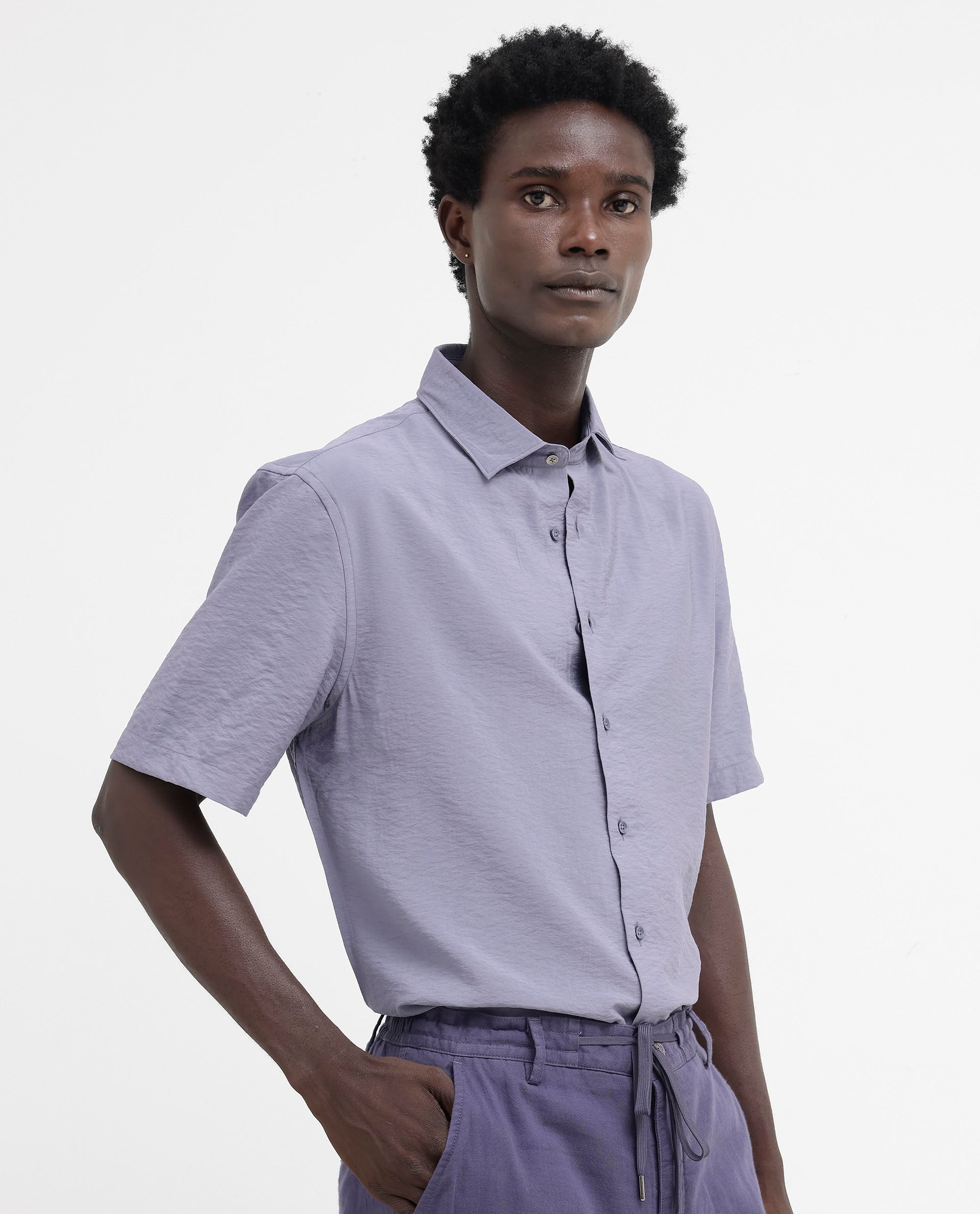 Rare Rabbit Men's Flo Dusky Purple Viscose Fabric Half Sleeves Boxy Fit Creased Effect Solid Shirt