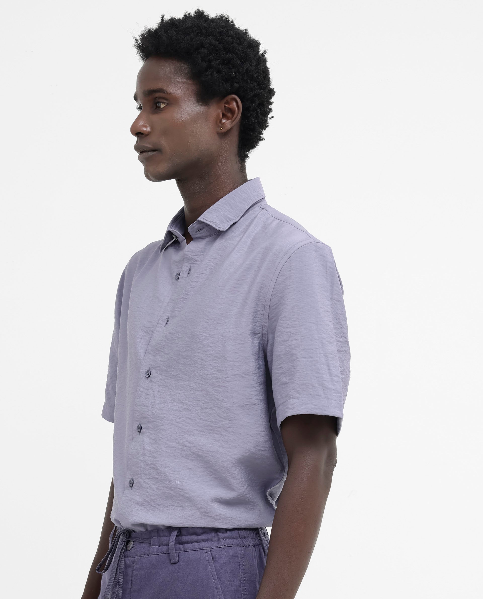 Rare Rabbit Men's Flo Dusky Purple Viscose Fabric Half Sleeves Boxy Fit Creased Effect Solid Shirt