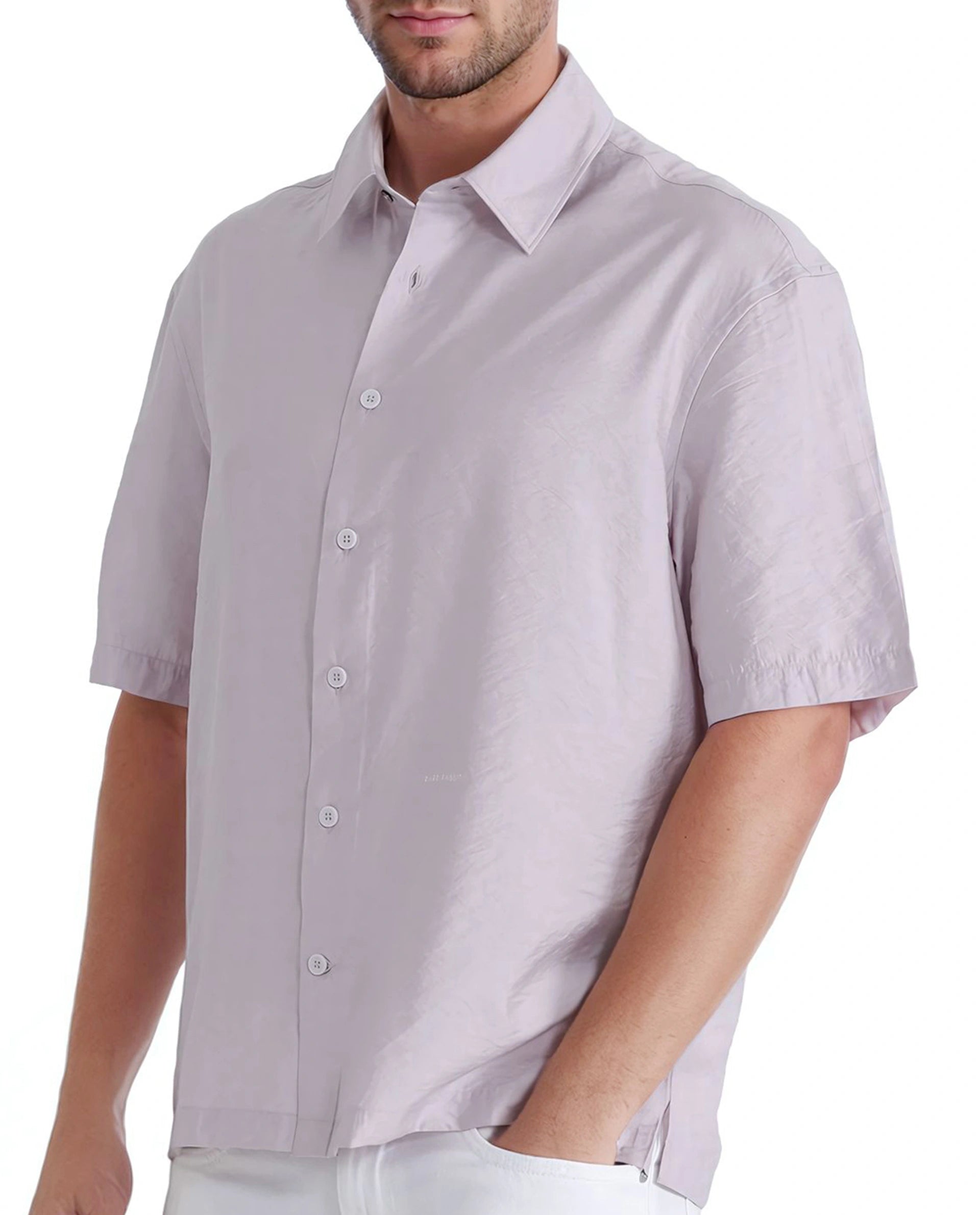 Rare Rabbit Men Flo Light Pink Viscose Nylon Fabric Short Sleeves Collared Neck Button Closure Boxy Fit Plain Shirt