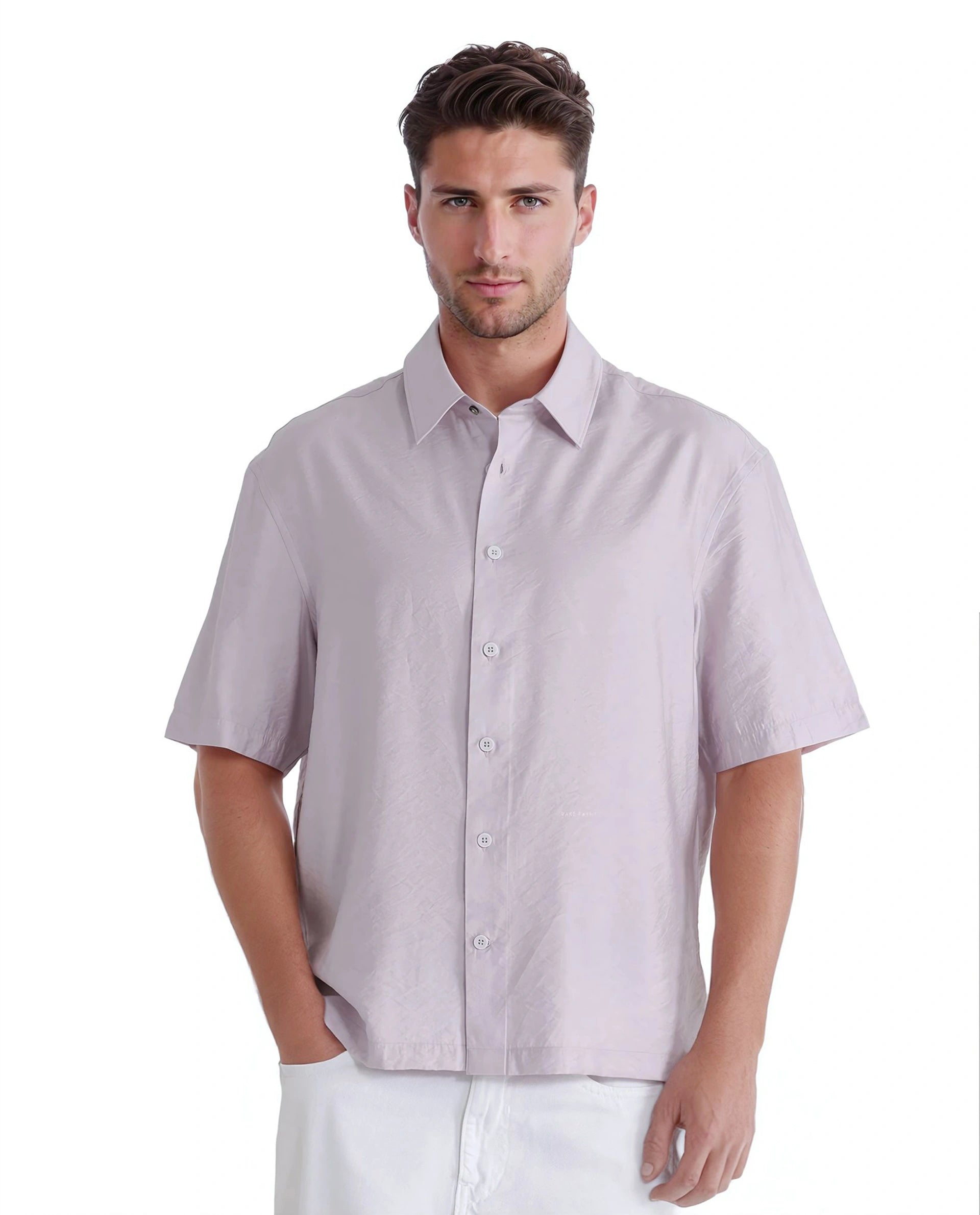 Rare Rabbit Men Flo Light Pink Viscose Nylon Fabric Short Sleeves Collared Neck Button Closure Boxy Fit Plain Shirt