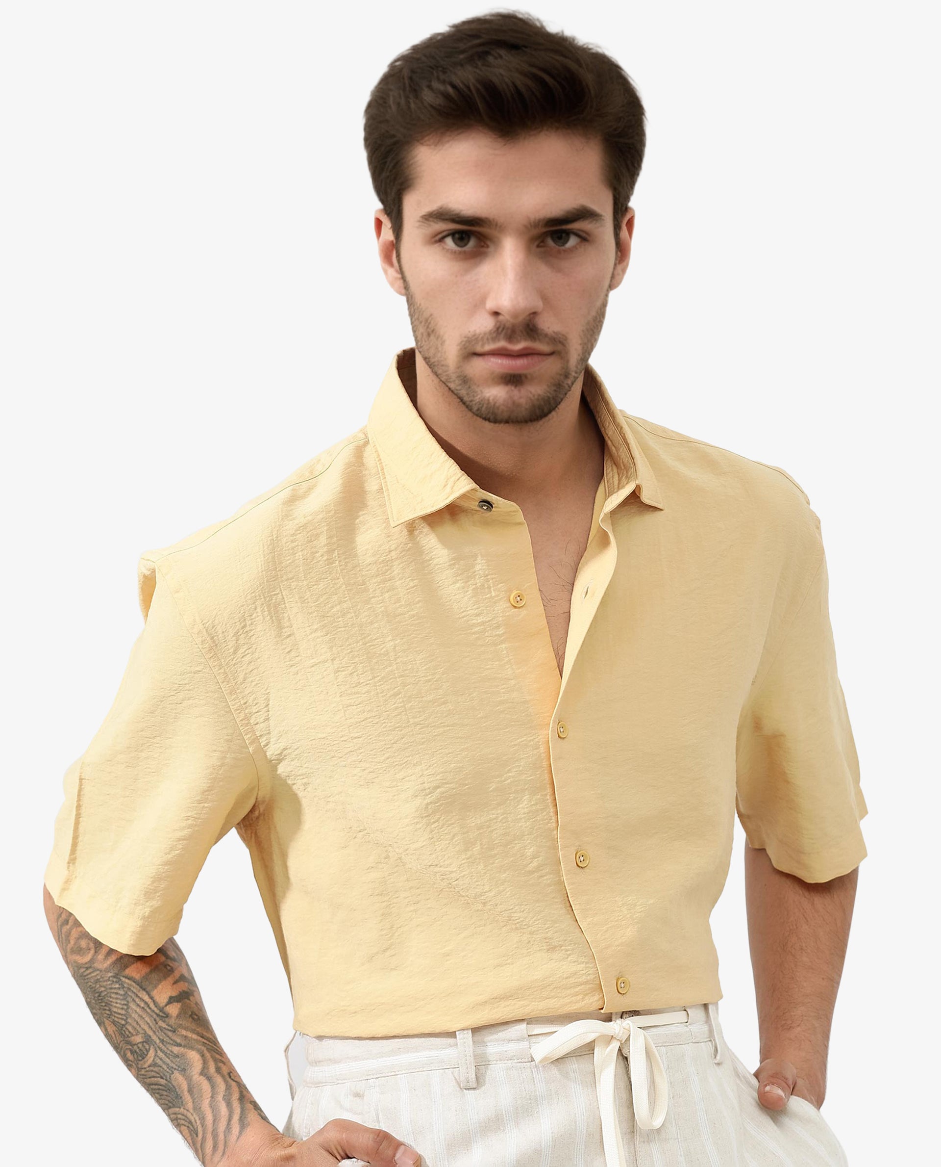 Rare Rabbit Men's Flo Light Yellow Viscose Fabric Half Sleeves Boxy Fit Creased Effect Solid Shirt
