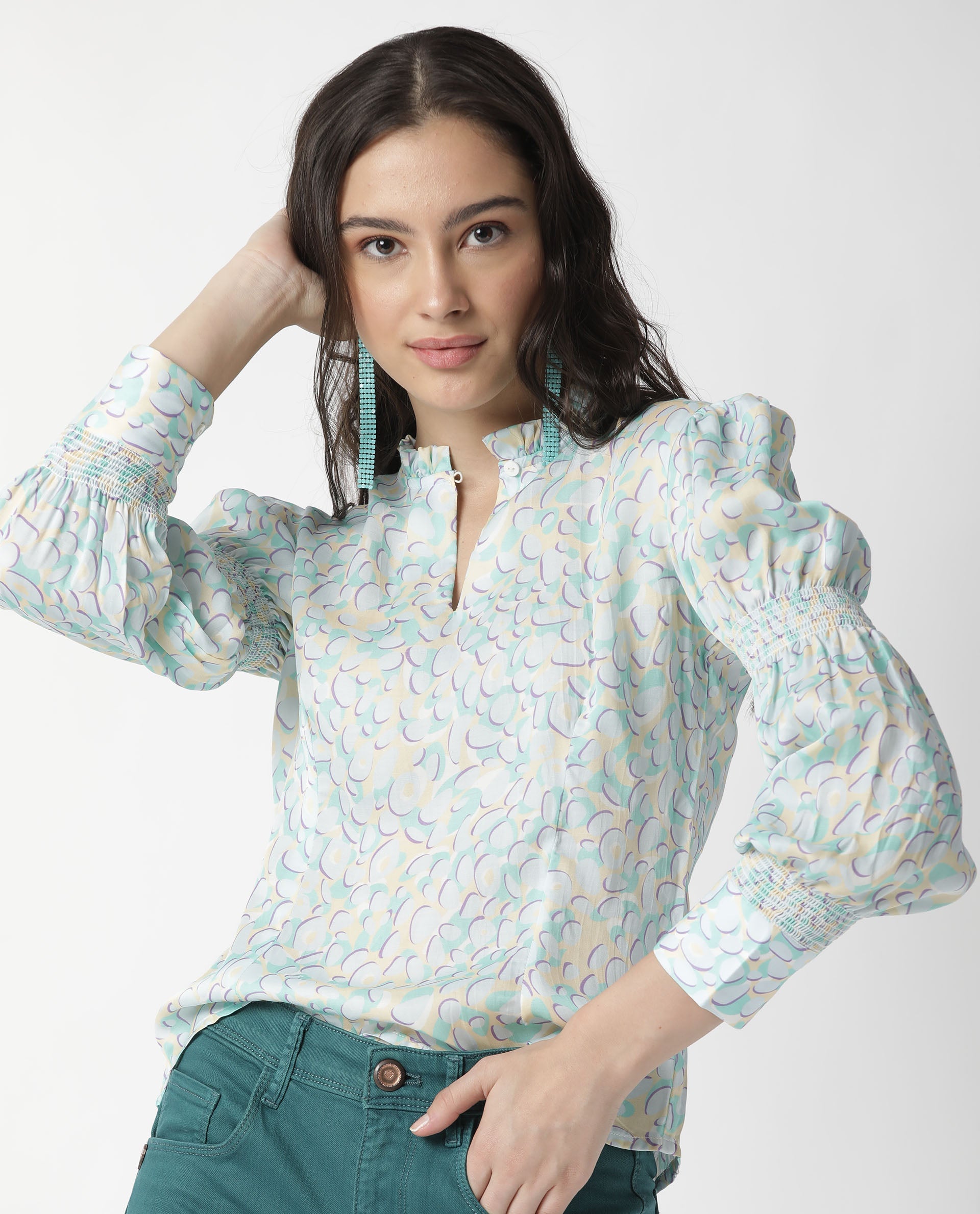 Rareism Womens Floor Purple Top Modal Satin Fabric Regular Fit Full Sleeve Ruffled Neck