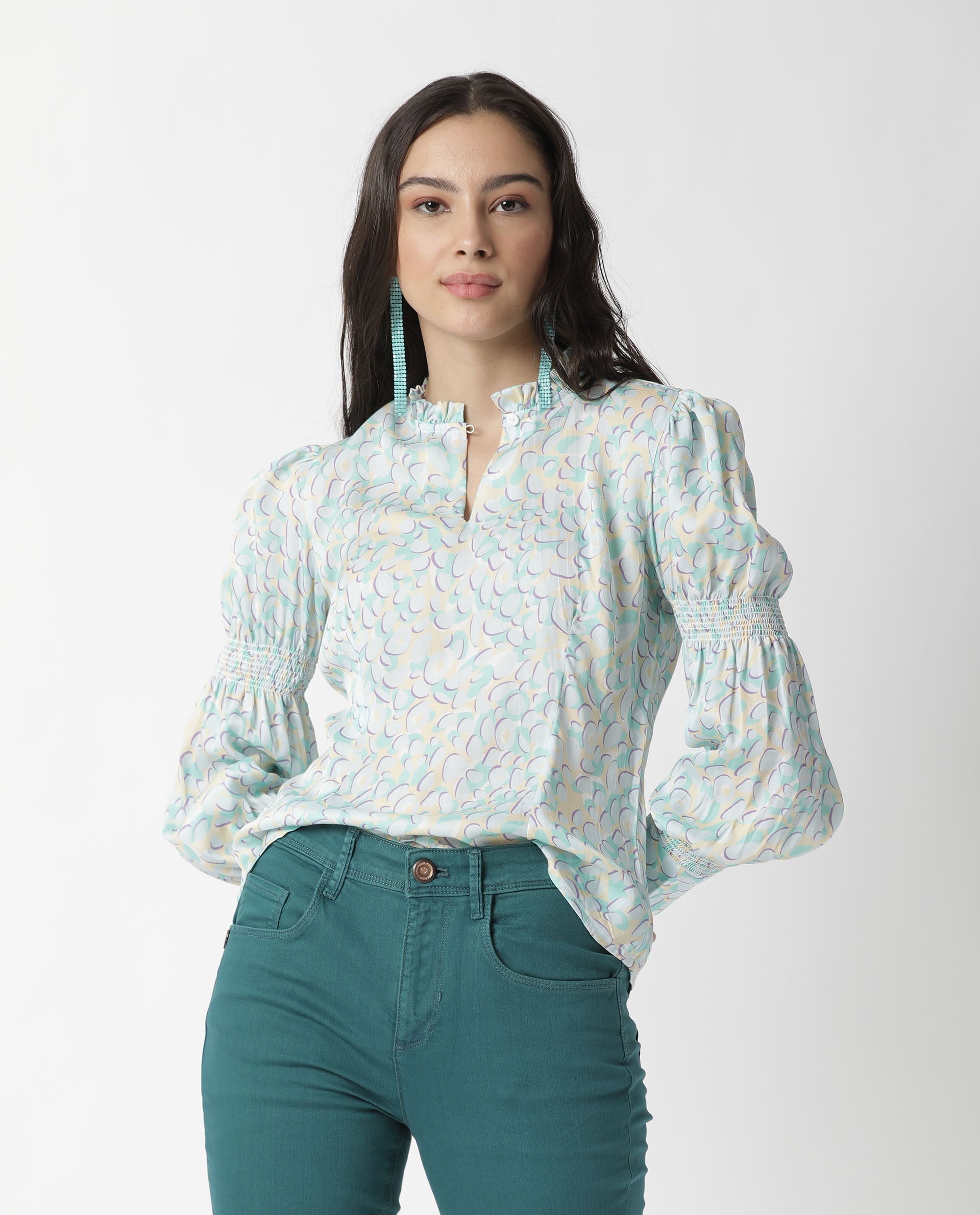 Rareism Womens Floor Purple Top Modal Satin Fabric Regular Fit Full Sleeve Ruffled Neck