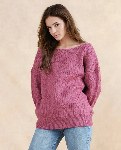 FRAYED JEANS Womens Pink Ribbed Distressed Heather Long Sleeve Round Neck Sweater main image 1
