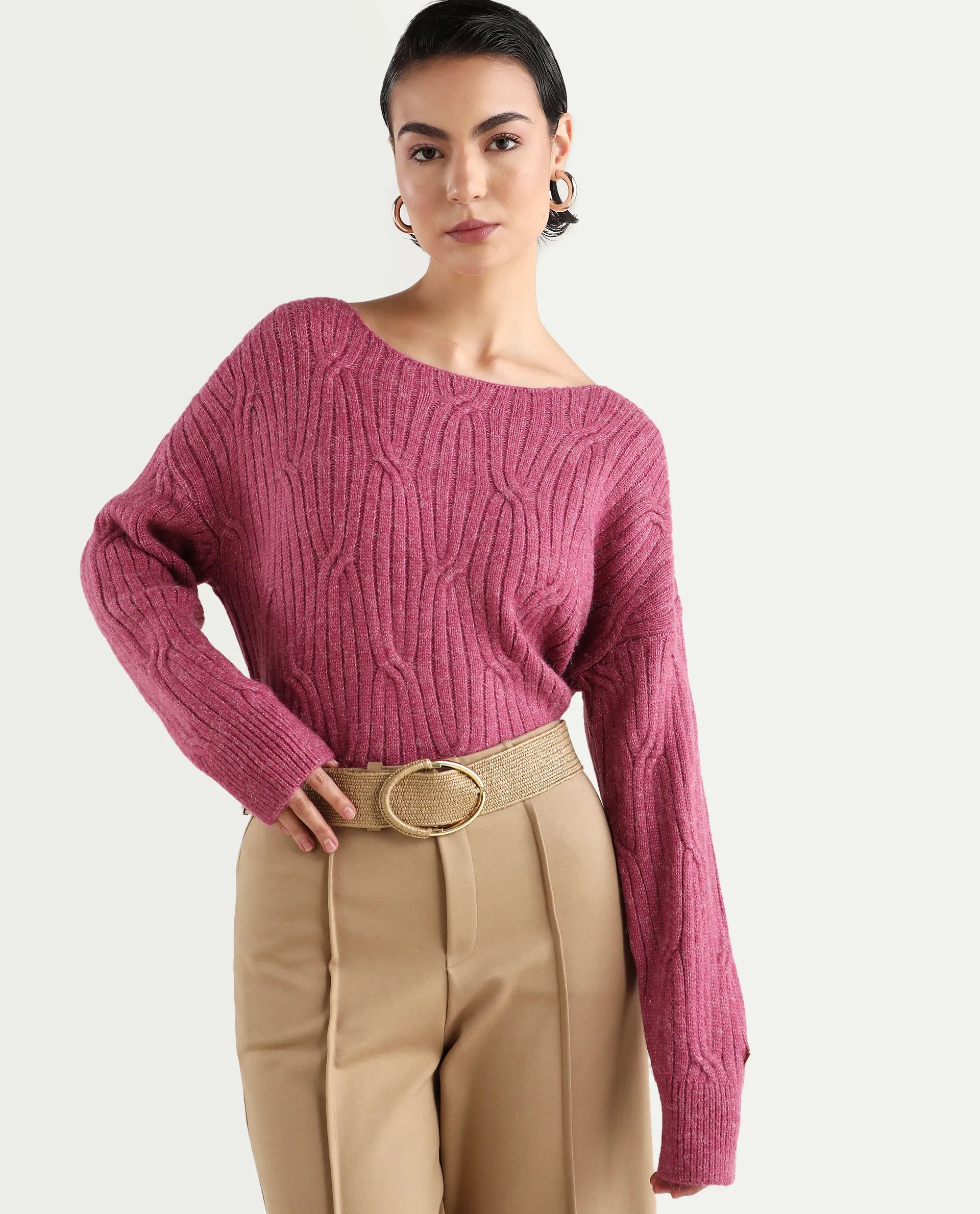 Rareism Women's Floran Pink Cotton Crew Neck Plain Relaxed Fit Sweater