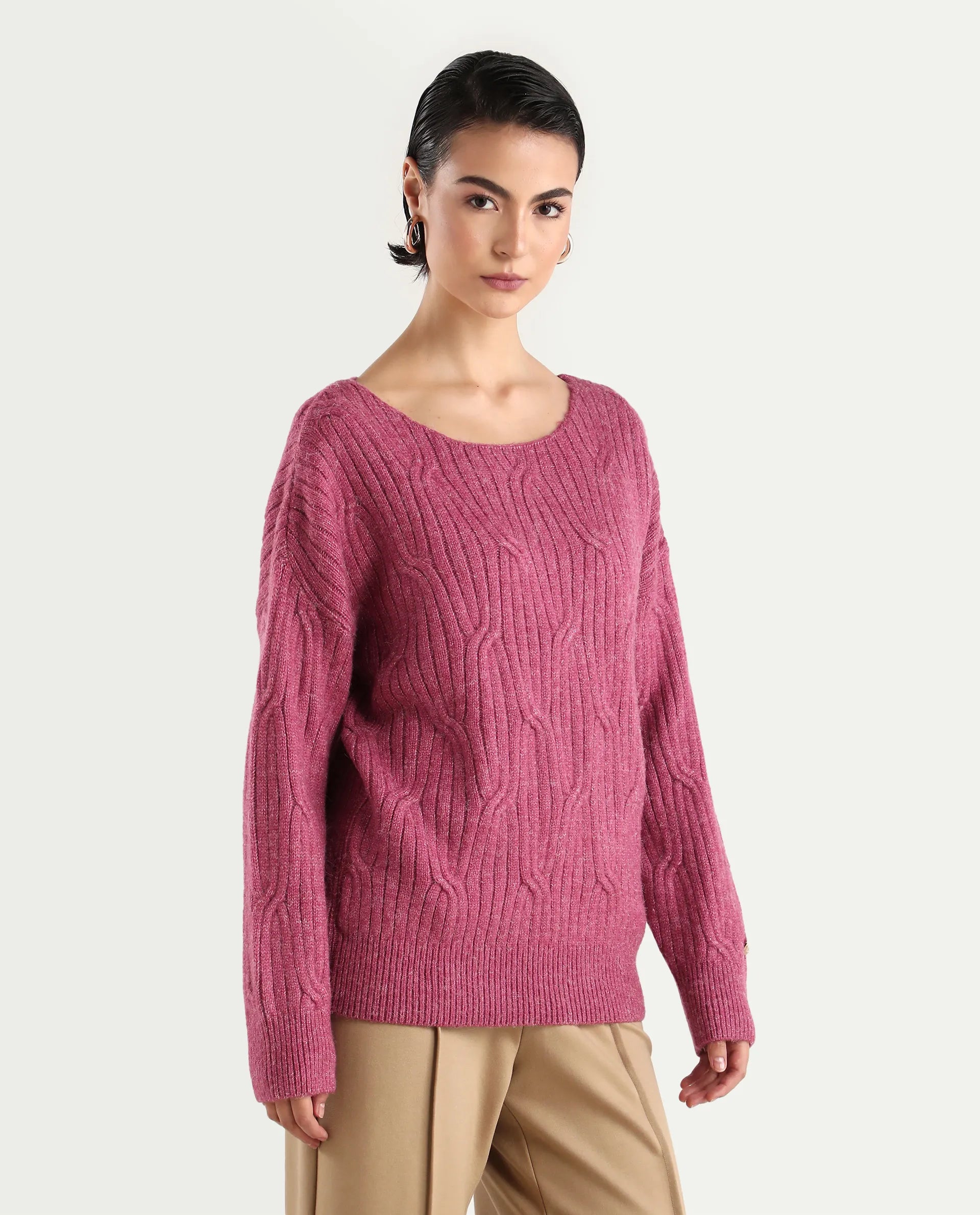 Rareism Women's Floran Pink Cotton Crew Neck Plain Relaxed Fit Sweater