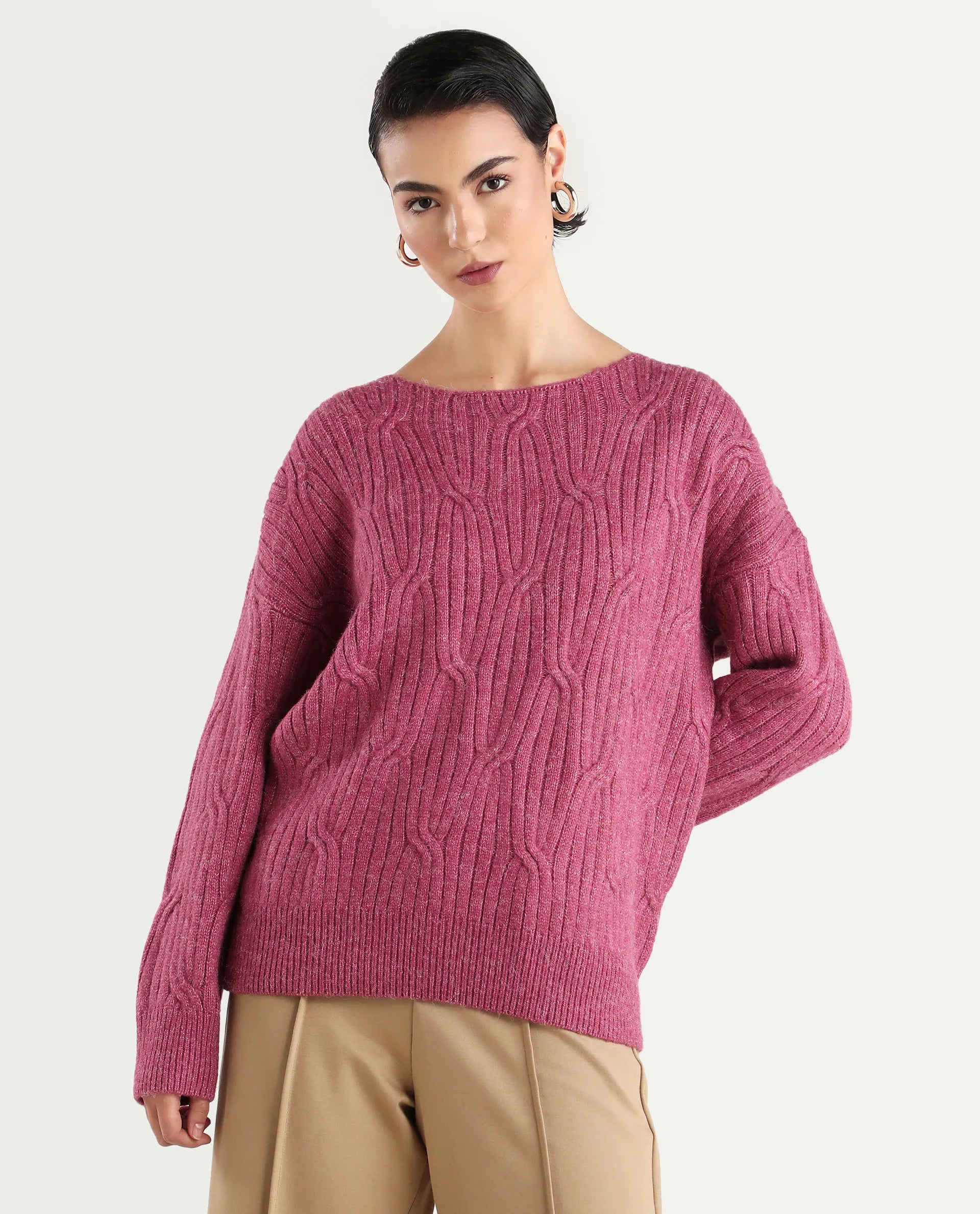 Rareism Women's Floran Pink Cotton Crew Neck Plain Relaxed Fit Sweater