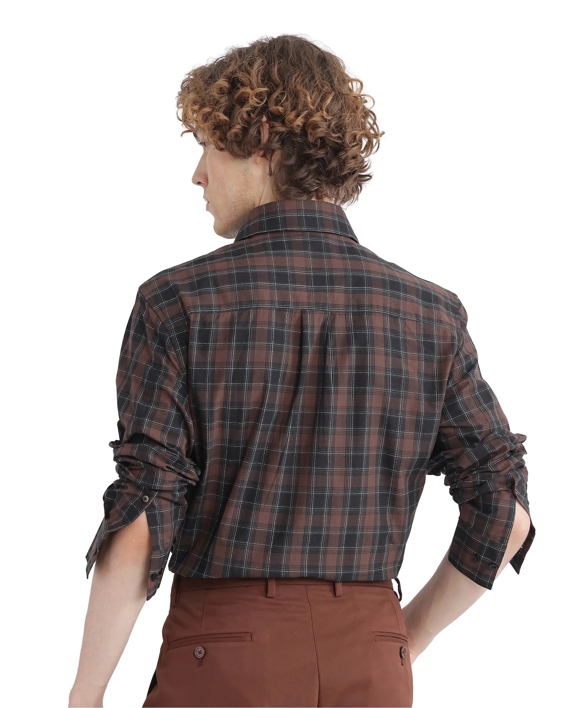 Rare Rabbit Men's Flor Dark Brown Cotton Fabric Full Sleeve Collared Neck Checks Shirt