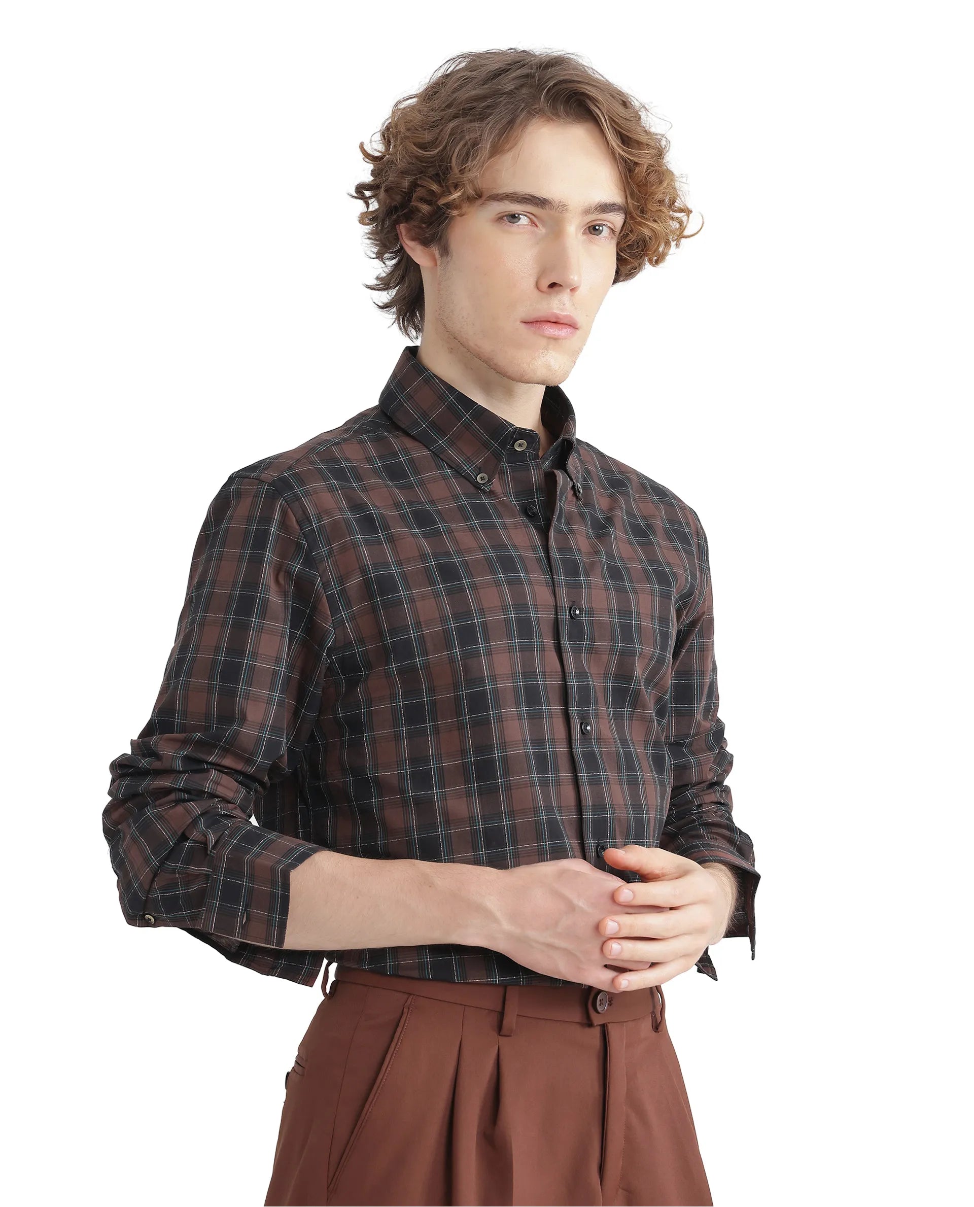 Rare Rabbit Men's Flor Dark Brown Cotton Fabric Full Sleeve Collared Neck Checks Shirt