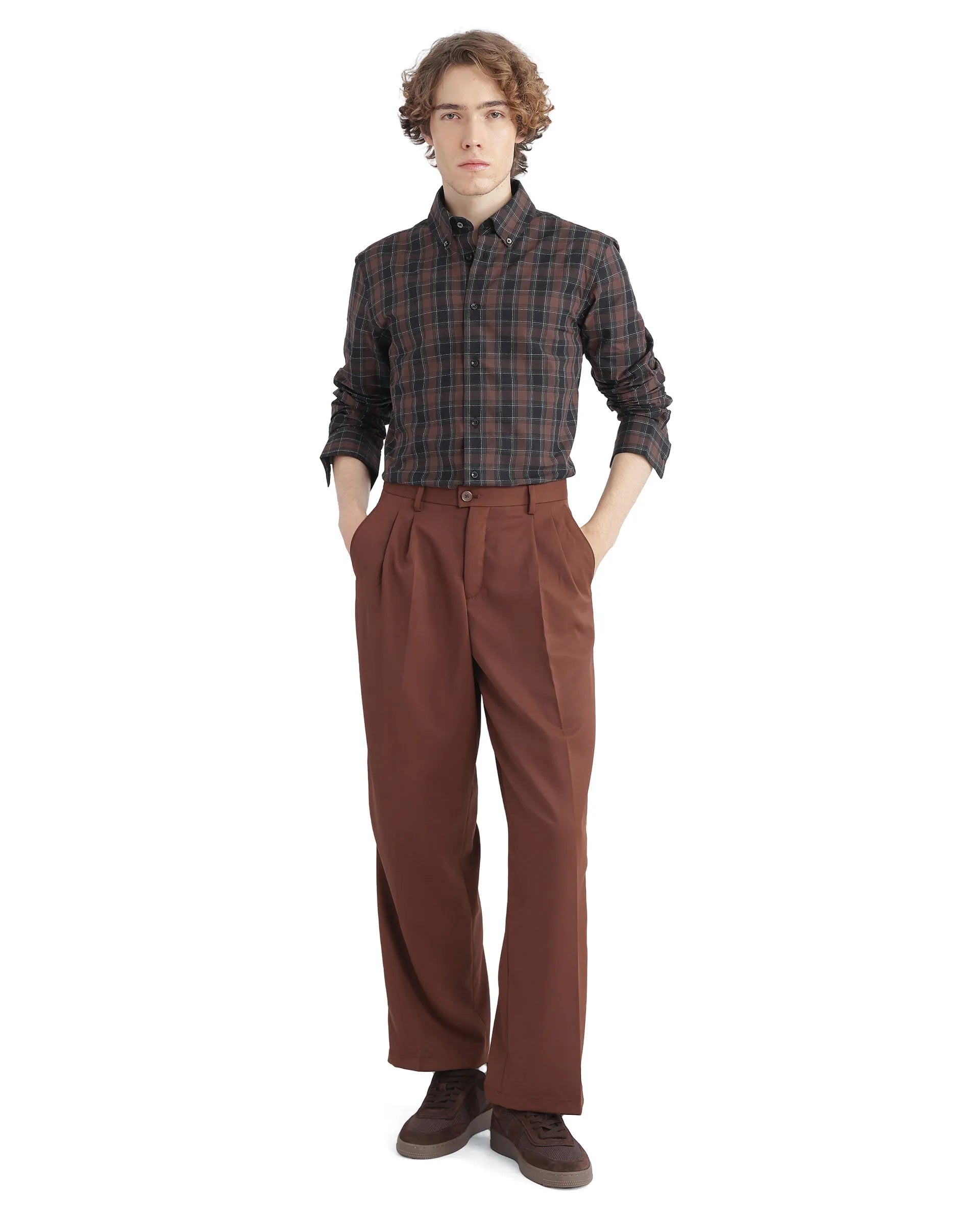 Rare Rabbit Men's Flor Dark Brown Cotton Fabric Full Sleeve Collared Neck Checks Shirt