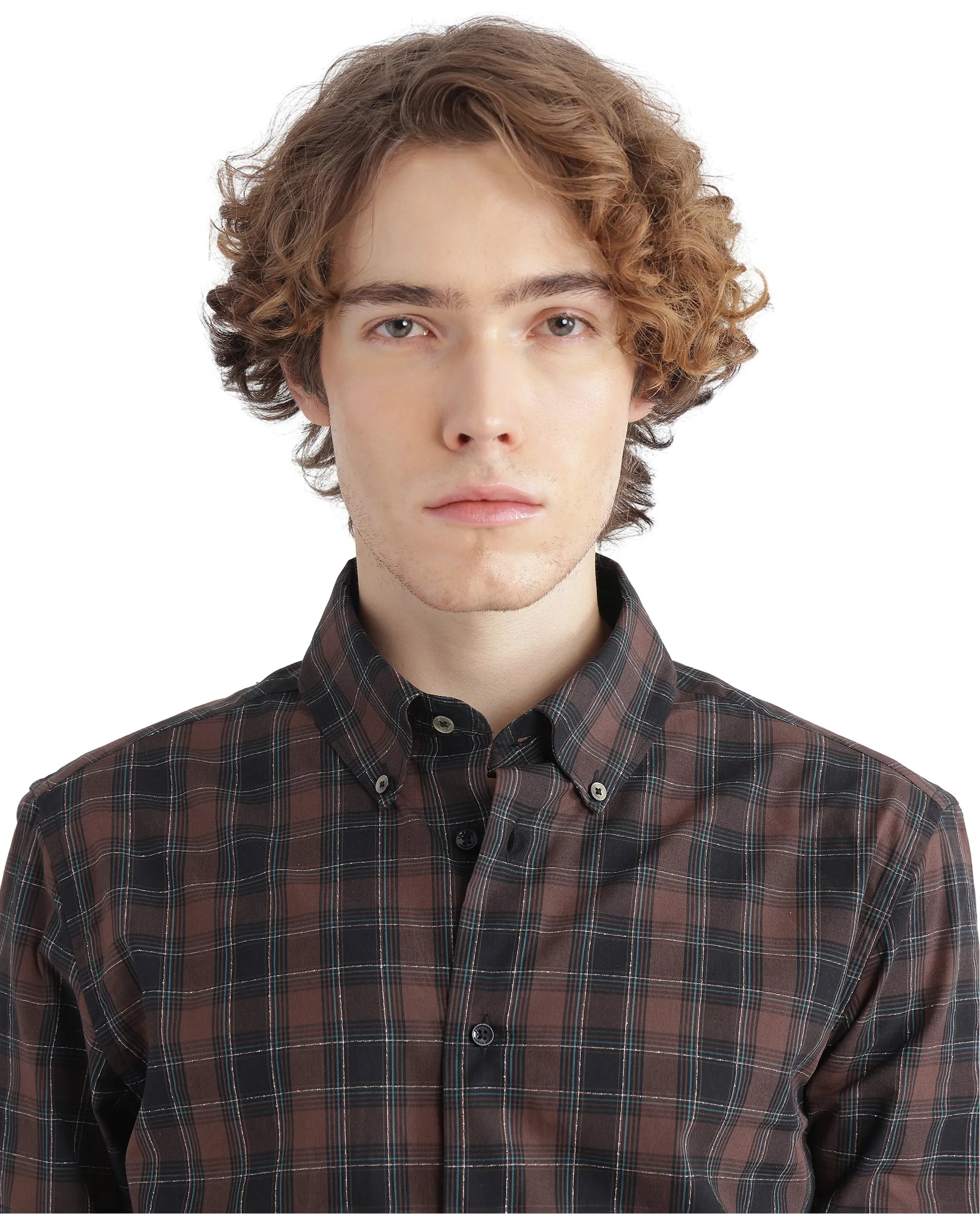 Rare Rabbit Men's Flor Dark Brown Cotton Fabric Full Sleeve Collared Neck Checks Shirt