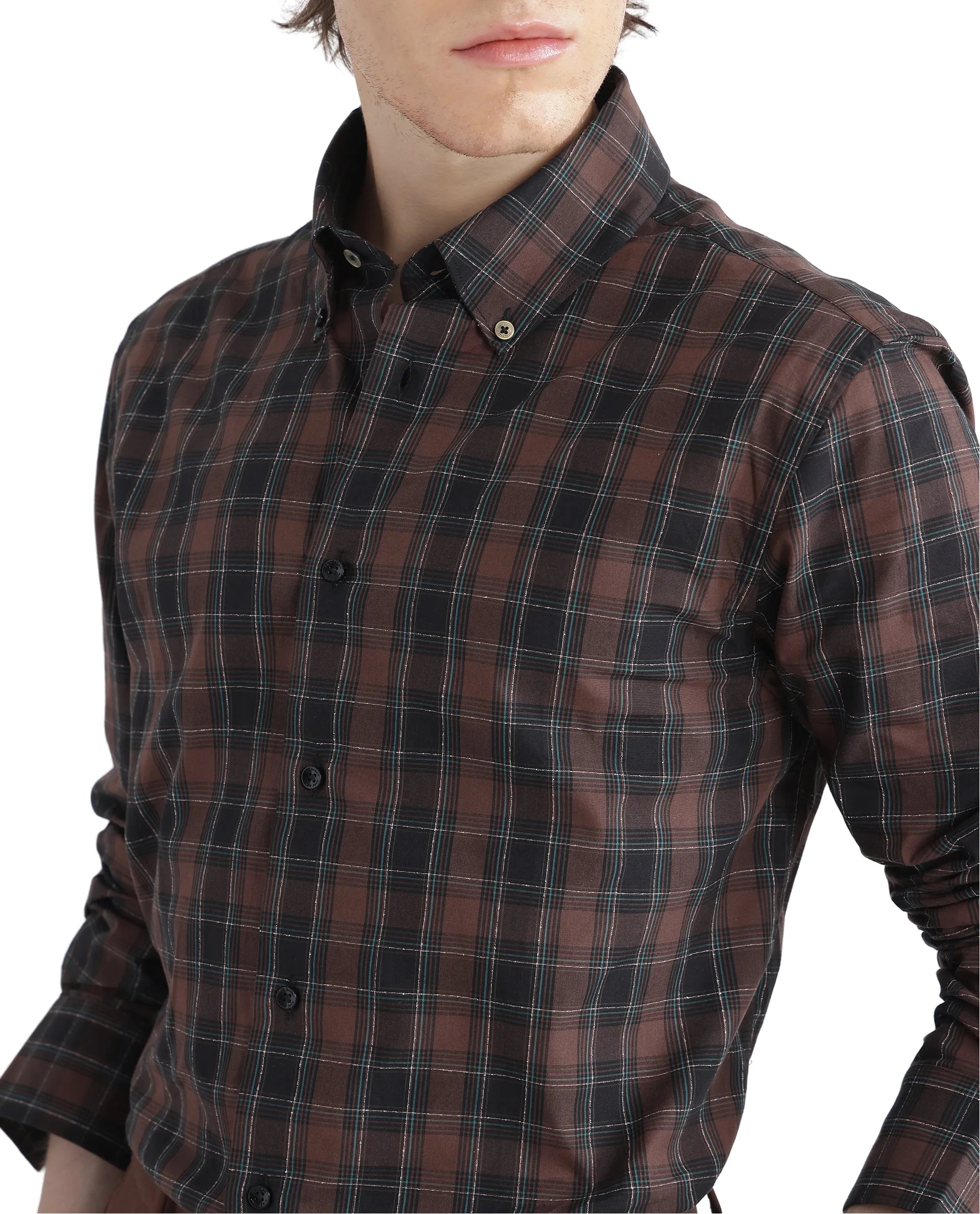 Rare Rabbit Men's Flor Dark Brown Cotton Fabric Full Sleeve Collared Neck Checks Shirt