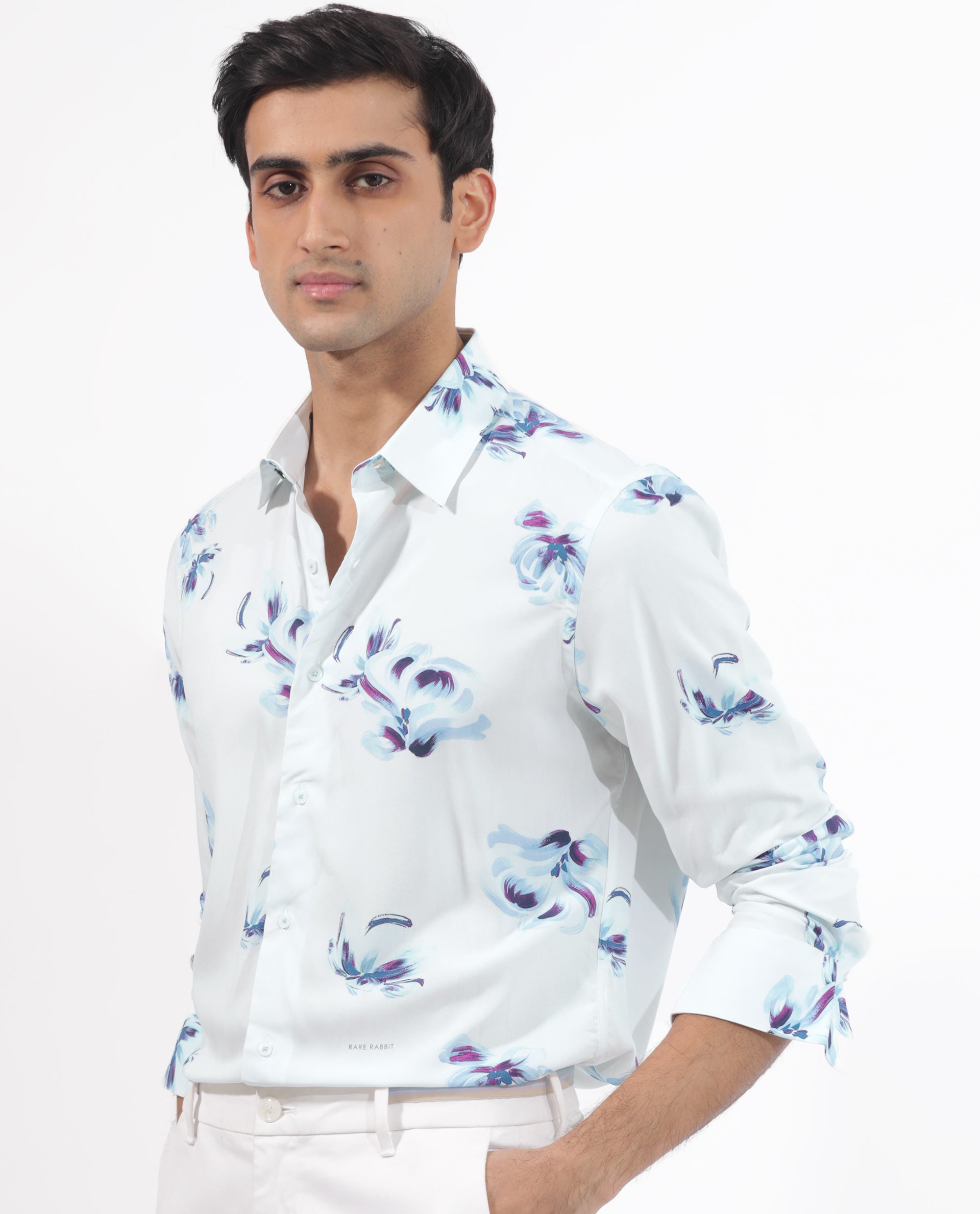 Rare Rabbit Men's Floren White Viscose Fabric Full Sleeves Floral Print Shirt