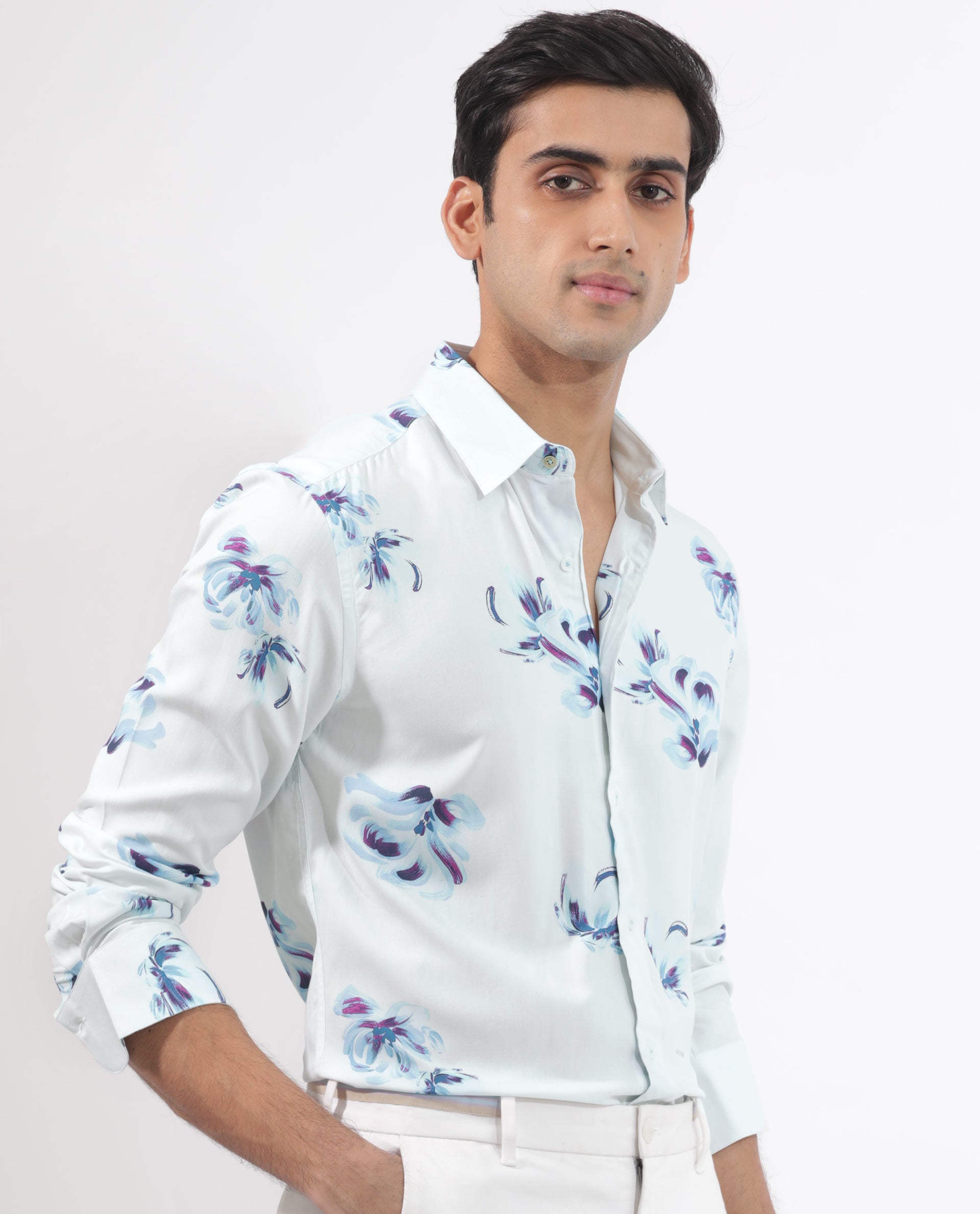 Rare Rabbit Men's Floren White Viscose Fabric Full Sleeves Floral Print Shirt