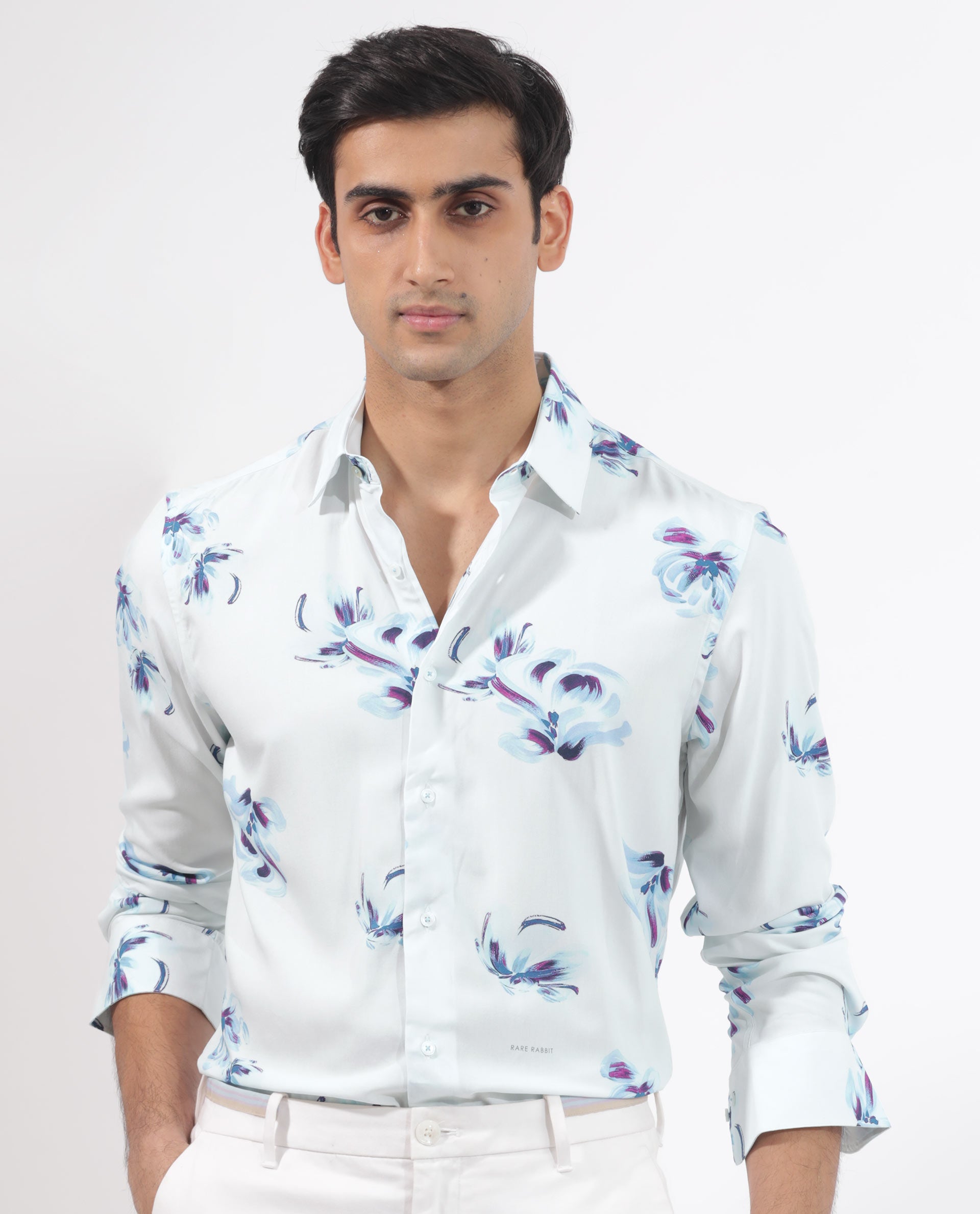 Rare Rabbit Men's Floren White Viscose Fabric Full Sleeves Floral Print Shirt
