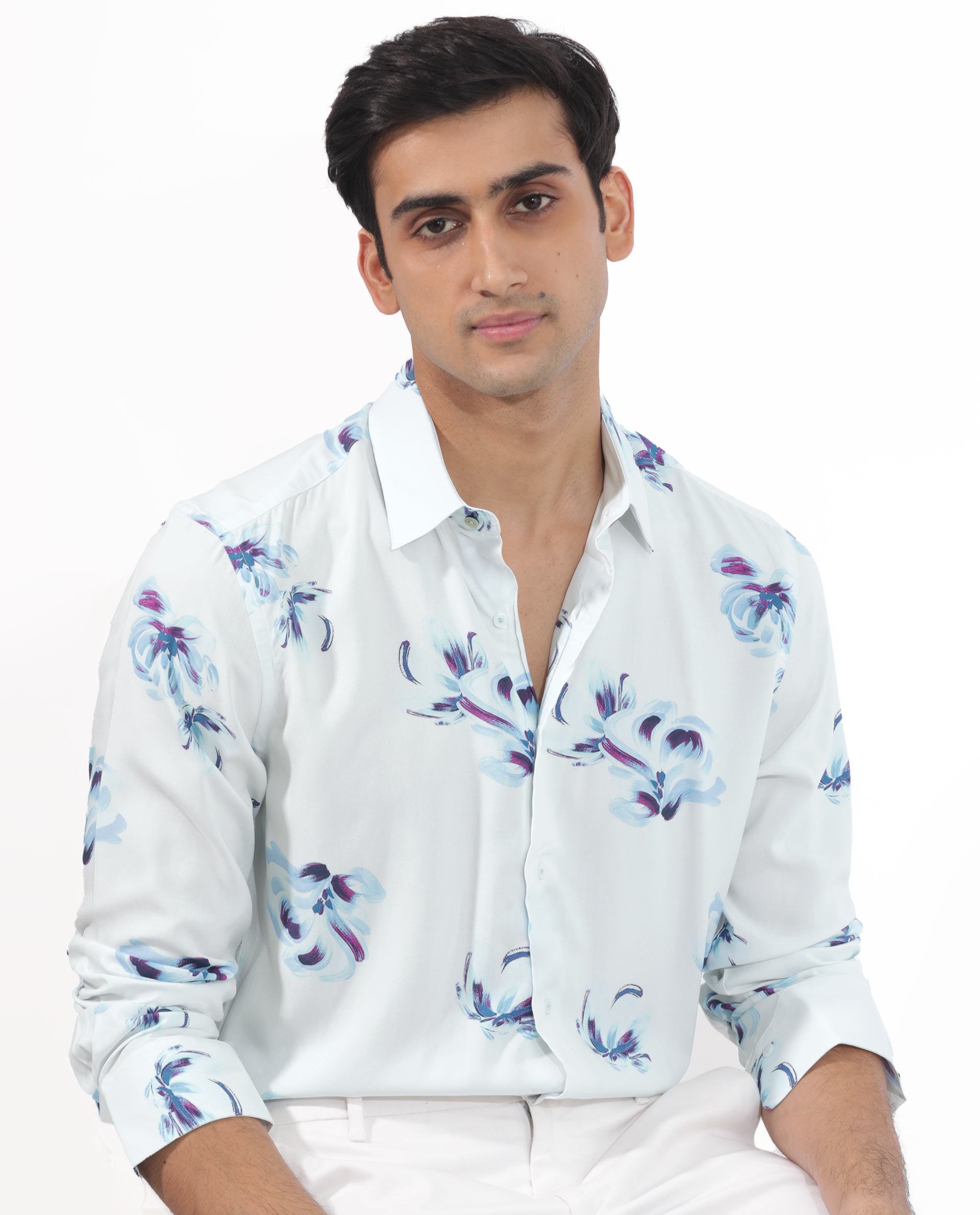 Rare Rabbit Men's Floren White Viscose Fabric Full Sleeves Floral Print Shirt