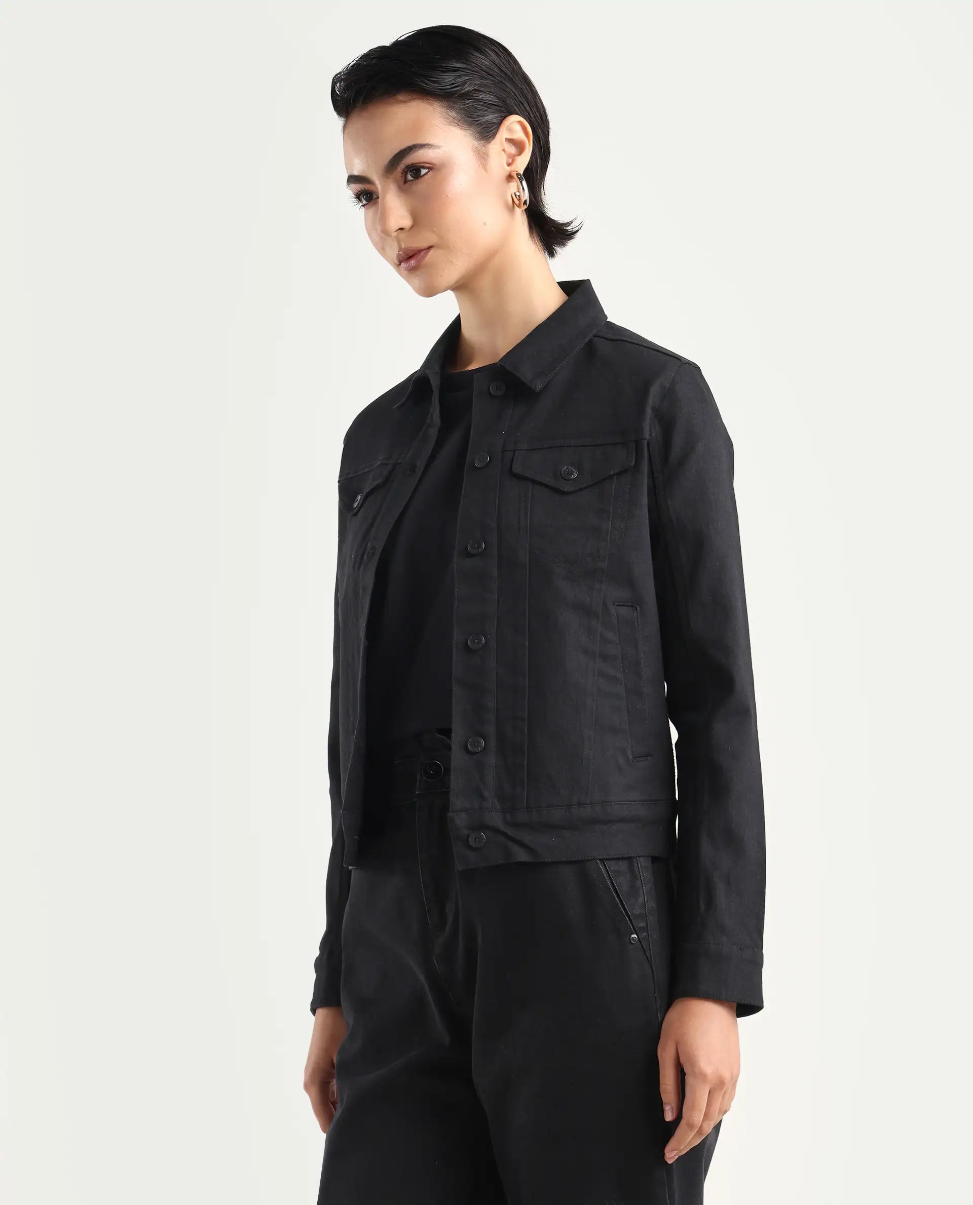 Rareism Women's Floria Black Cotton Blend Drop Collar Plain Cuffed Sleeve Regular Fit Jacket