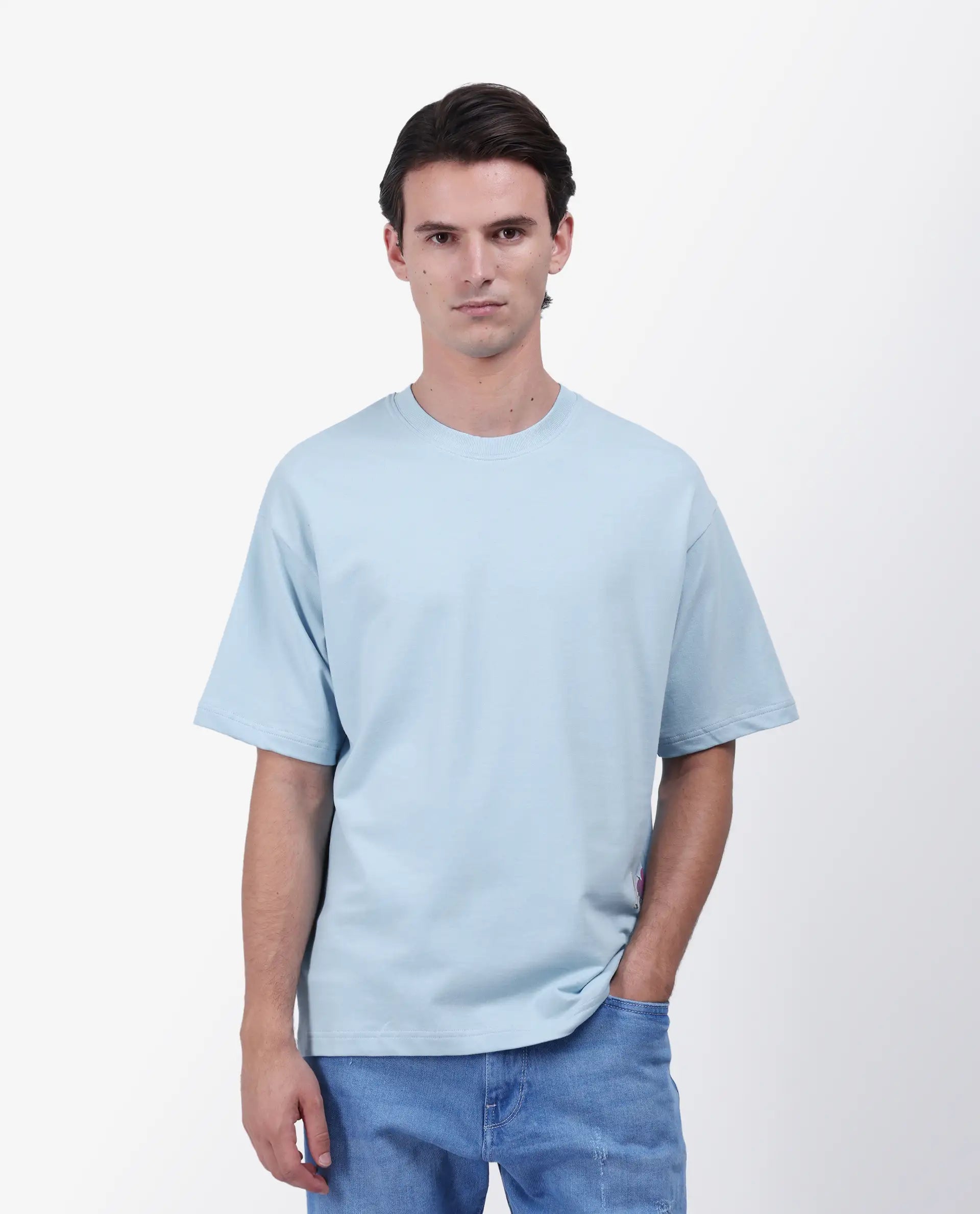 Rare Rabbit Men's Fluen Light Blue Cotton Graphic Print Oversized Fit Half Sleeve Crew Neck T-Shirt
