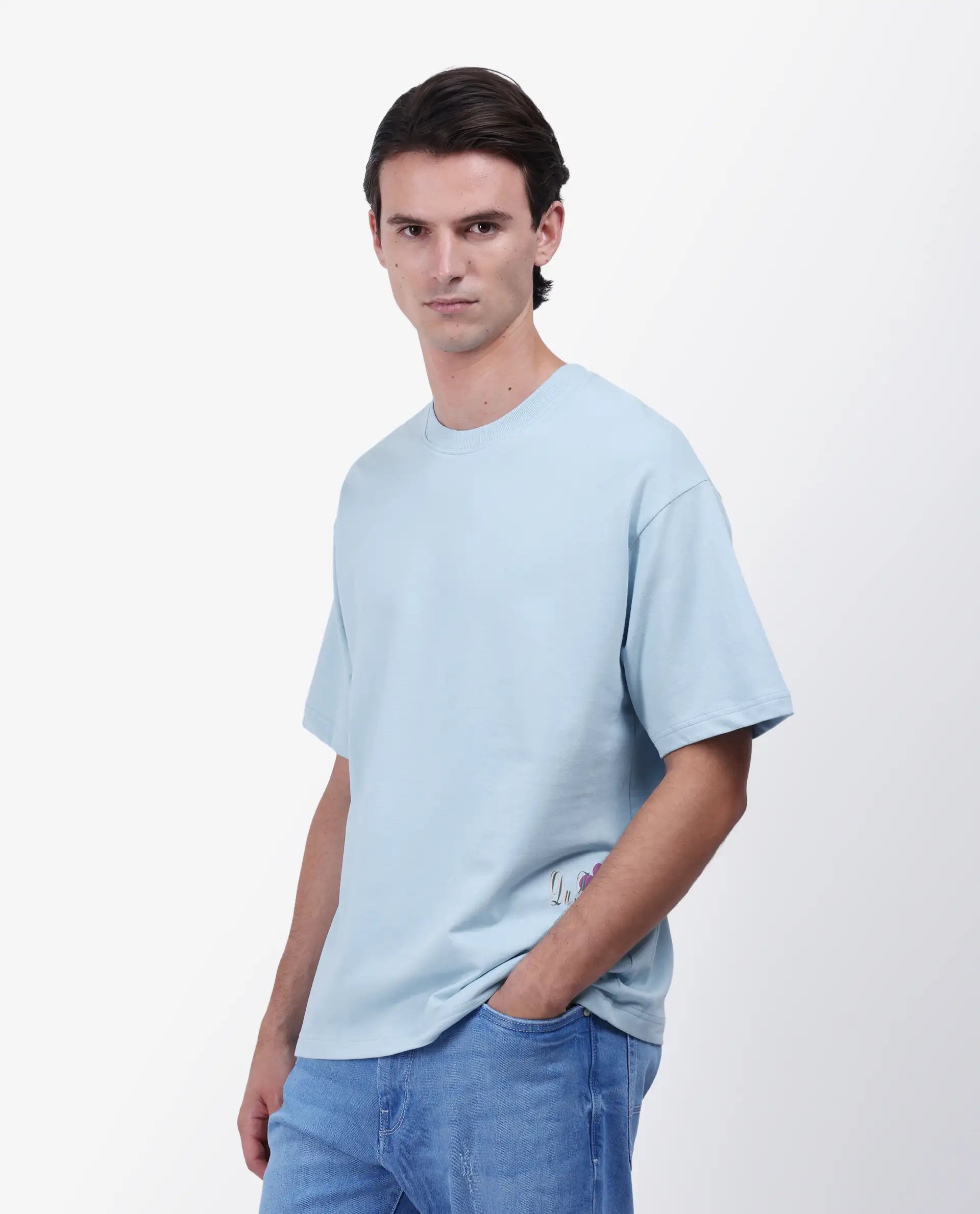 Rare Rabbit Men's Fluen Light Blue Cotton Graphic Print Oversized Fit Half Sleeve Crew Neck T-Shirt