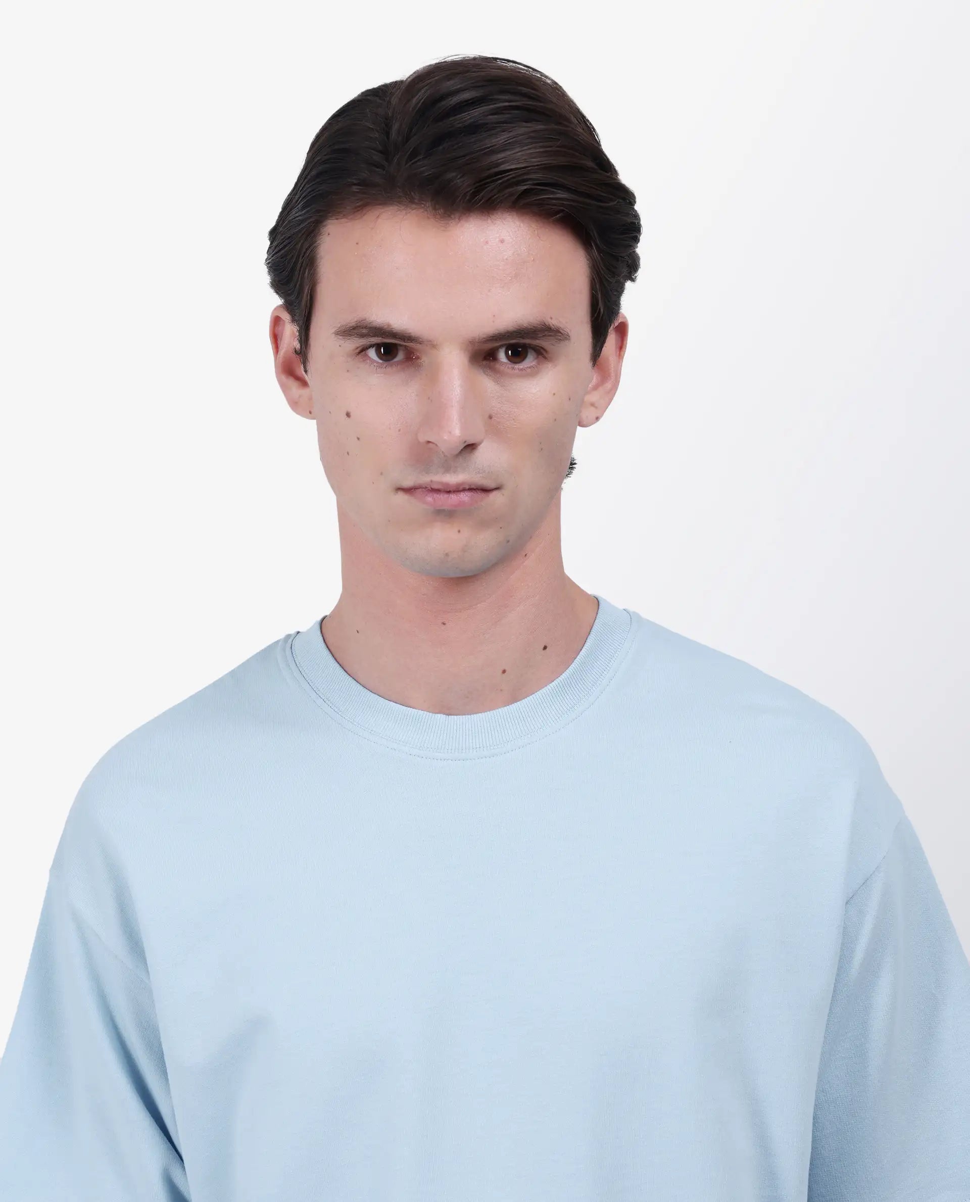Rare Rabbit Men's Fluen Light Blue Cotton Graphic Print Oversized Fit Half Sleeve Crew Neck T-Shirt