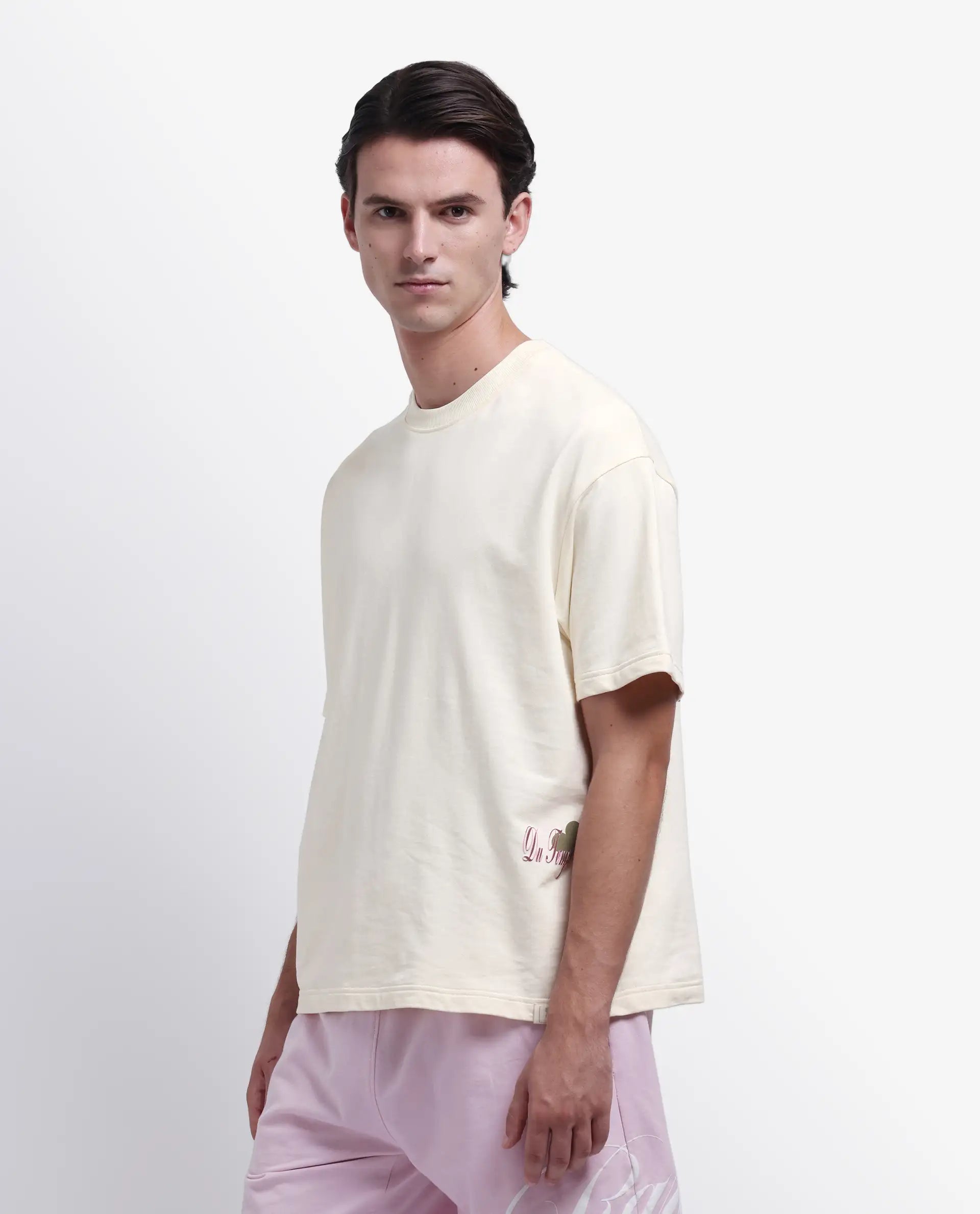 Rare Rabbit Men's Fluen Off White Cotton Graphic Print Oversized Fit Half Sleeve Crew Neck T-Shirt