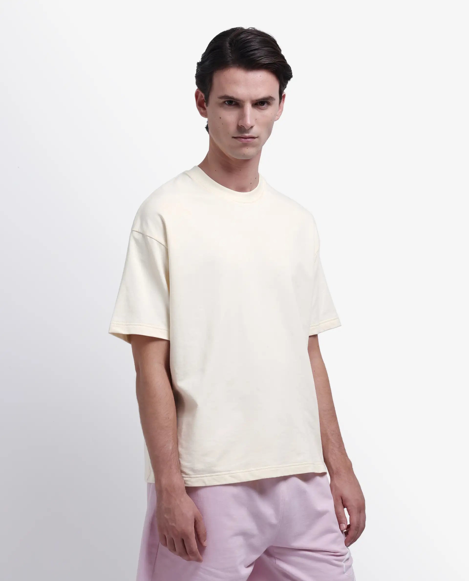 Rare Rabbit Men's Fluen Off White Cotton Graphic Print Oversized Fit Half Sleeve Crew Neck T-Shirt