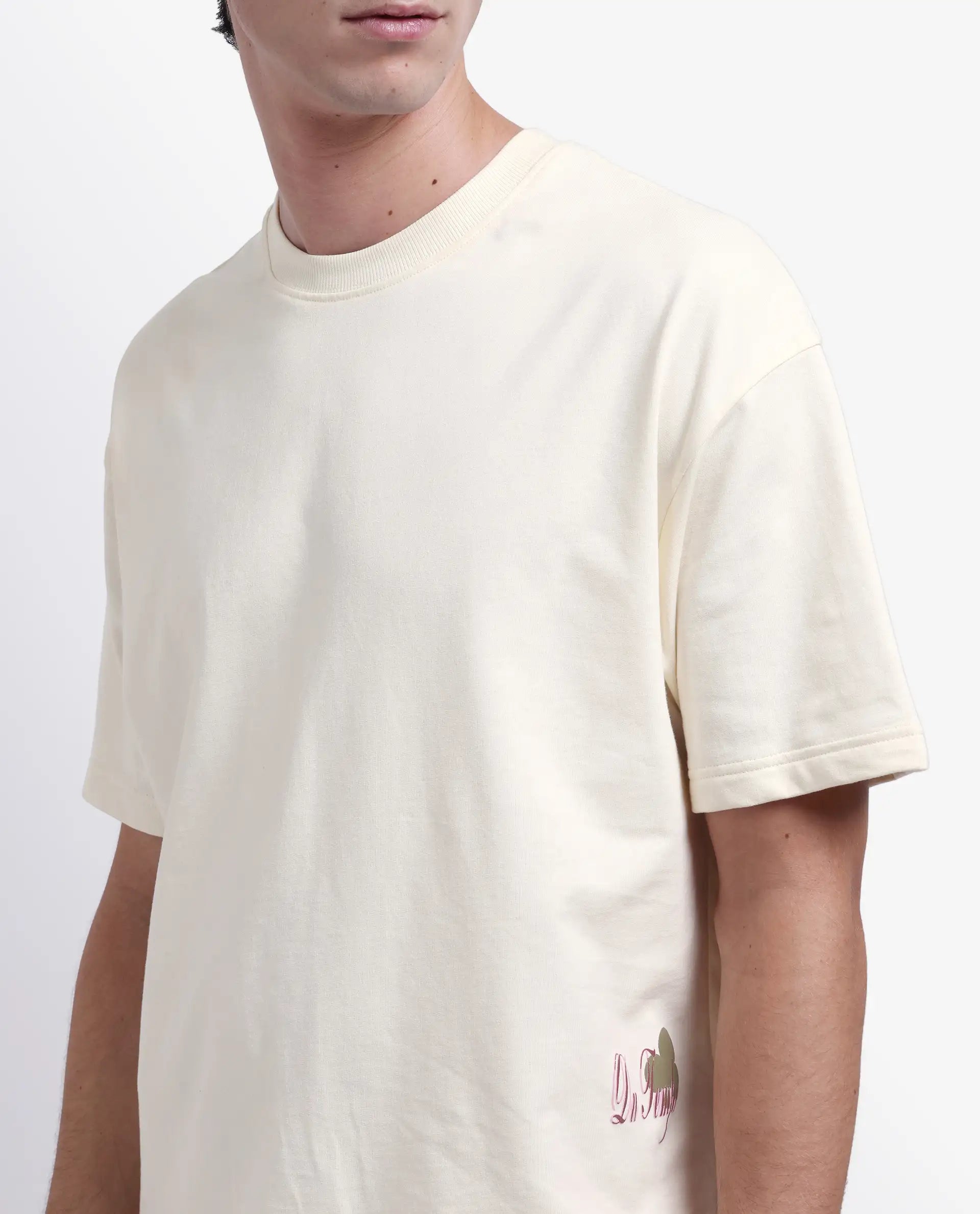 Rare Rabbit Men's Fluen Off White Cotton Graphic Print Oversized Fit Half Sleeve Crew Neck T-Shirt