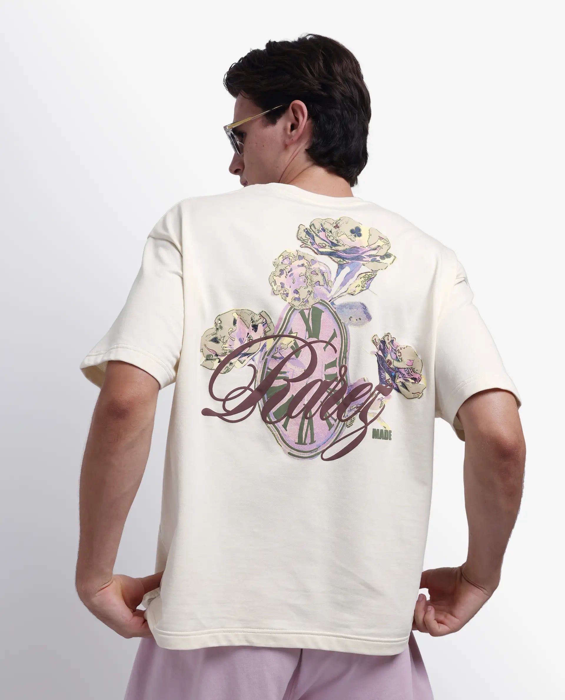 Rare Rabbit Men's Fluen Off White Cotton Graphic Print Oversized Fit Half Sleeve Crew Neck T-Shirt