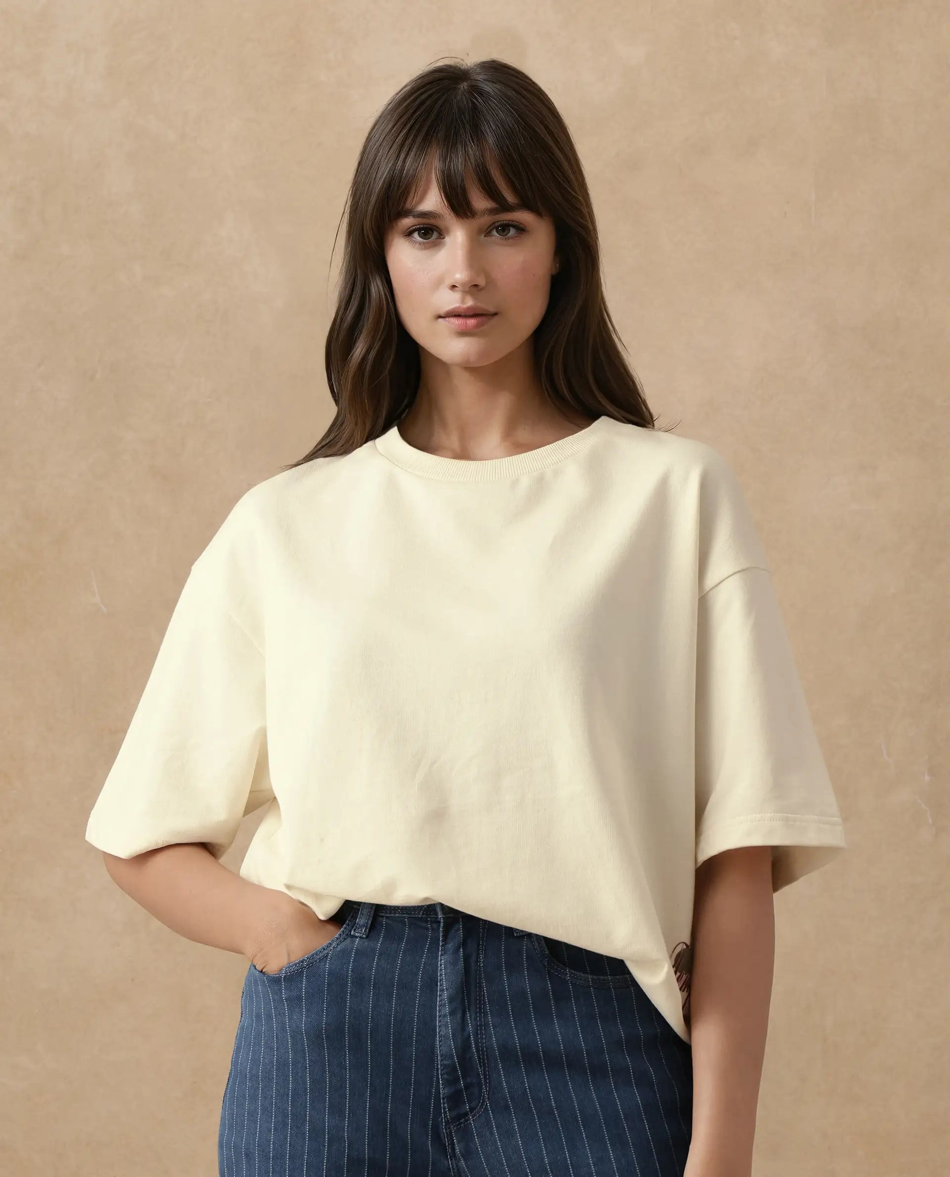 Rareism Women's Fluers Beige Cotton Crew Neck Graphic Print Oversized T-Shirt