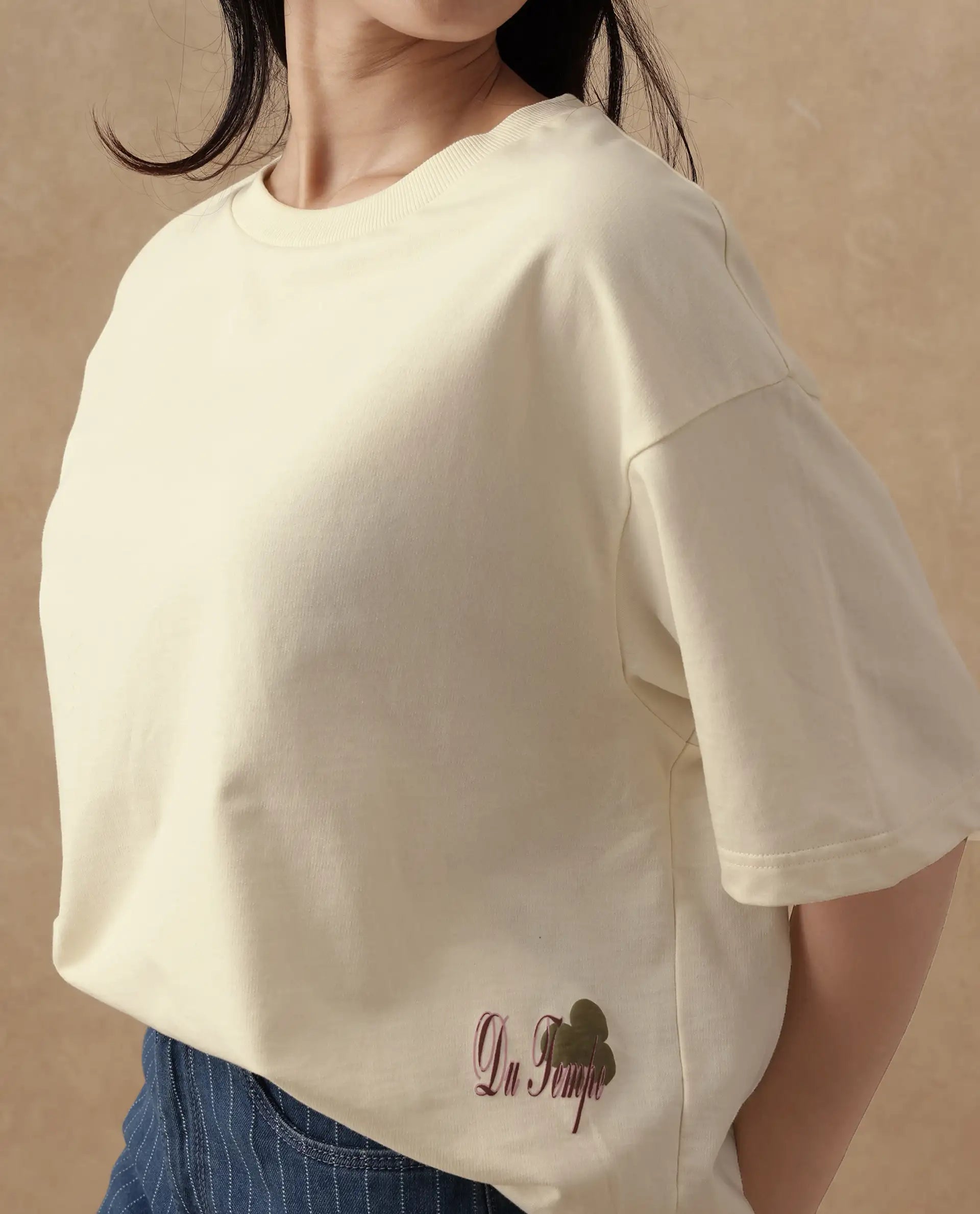 Rareism Women's Fluers Beige Cotton Crew Neck Graphic Print Oversized T-Shirt