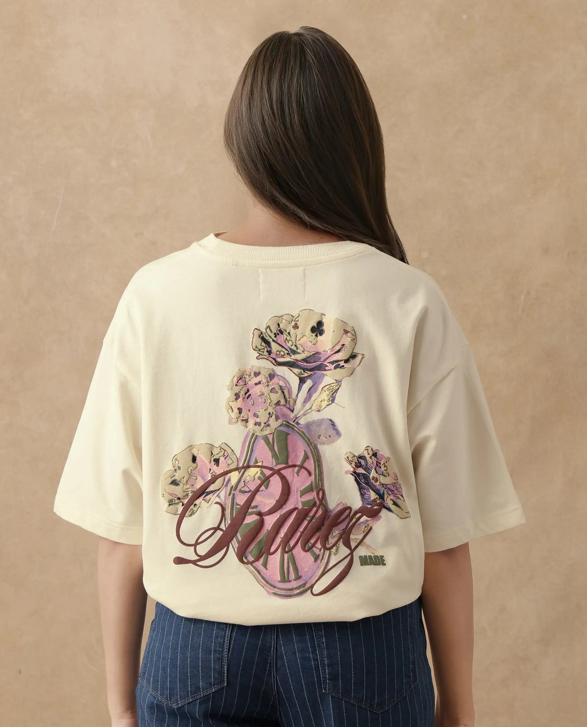 Rareism Women's Fluers Beige Cotton Crew Neck Graphic Print Oversized T-Shirt