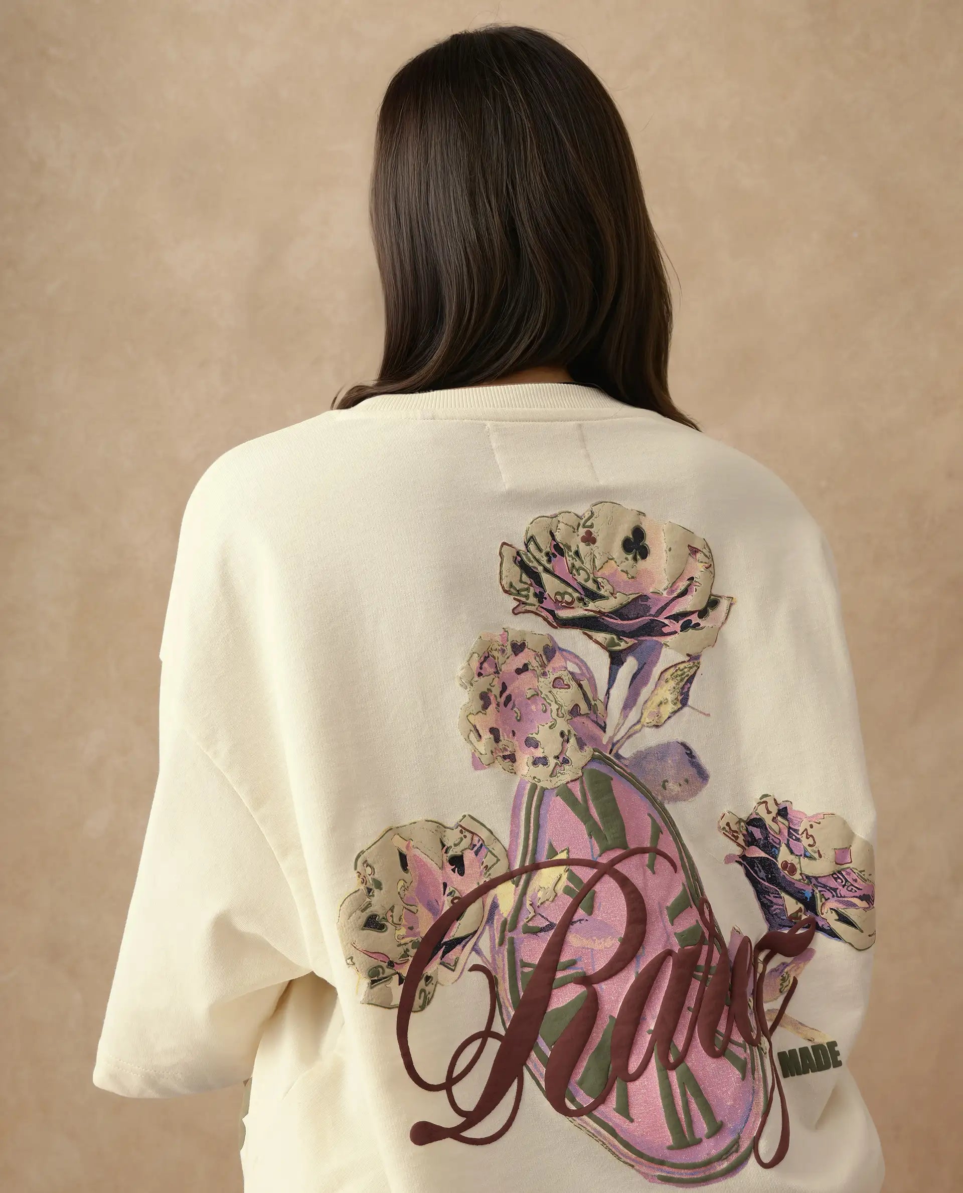 Rareism Women's Fluers Beige Cotton Crew Neck Graphic Print Oversized T-Shirt