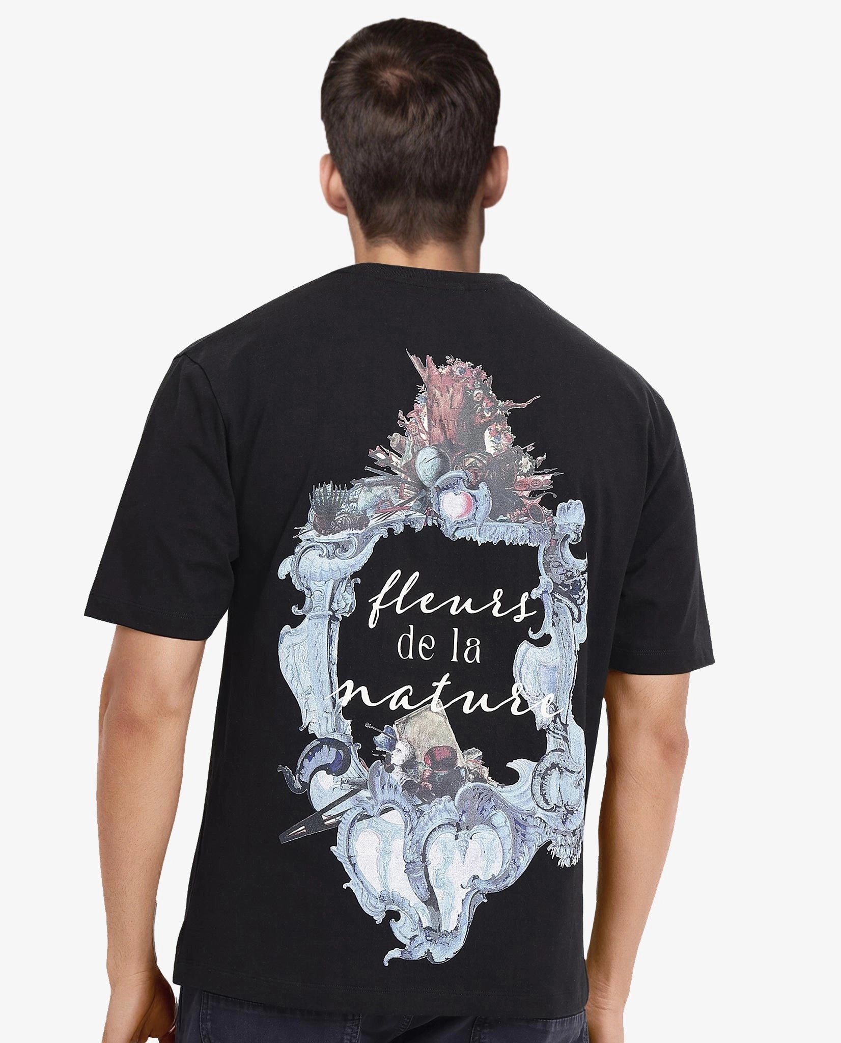 Rare Rabbit Men Fluers Black Cotton Fabric Short Sleeve Crew Neck Oversized Fit Graphic Back Print T-Shirt