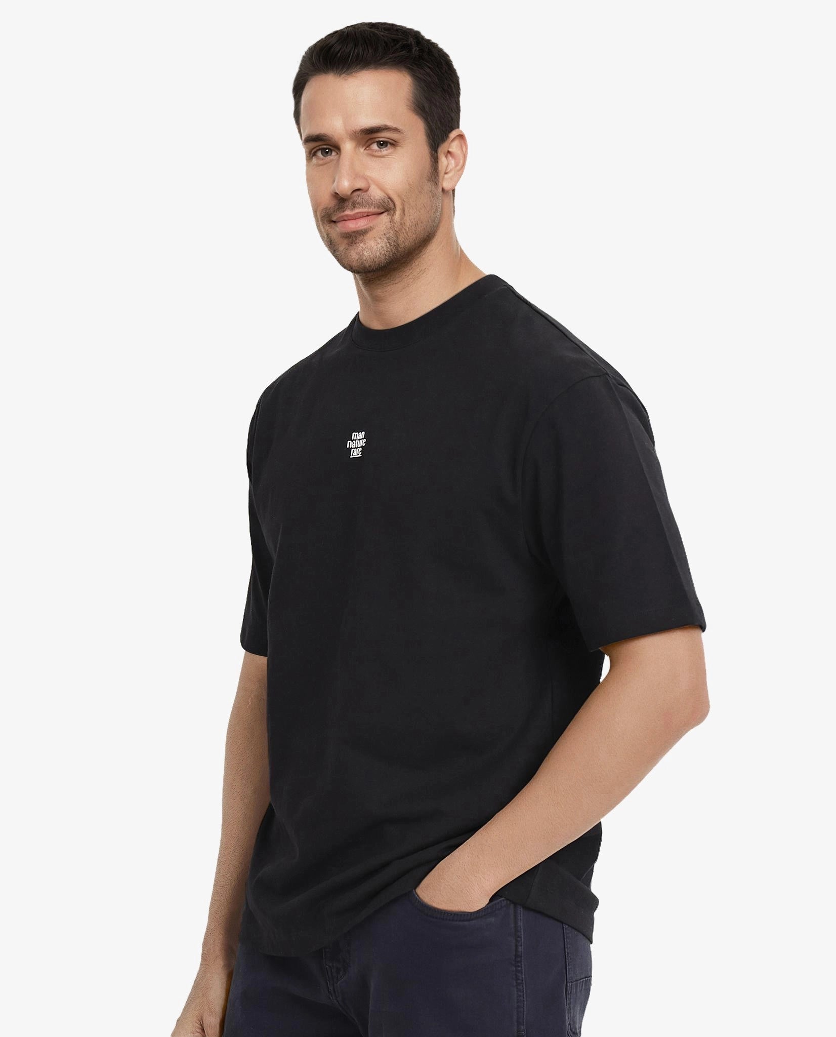 Rare Rabbit Men Fluers Black Cotton Fabric Short Sleeve Crew Neck Oversized Fit Graphic Back Print T-Shirt