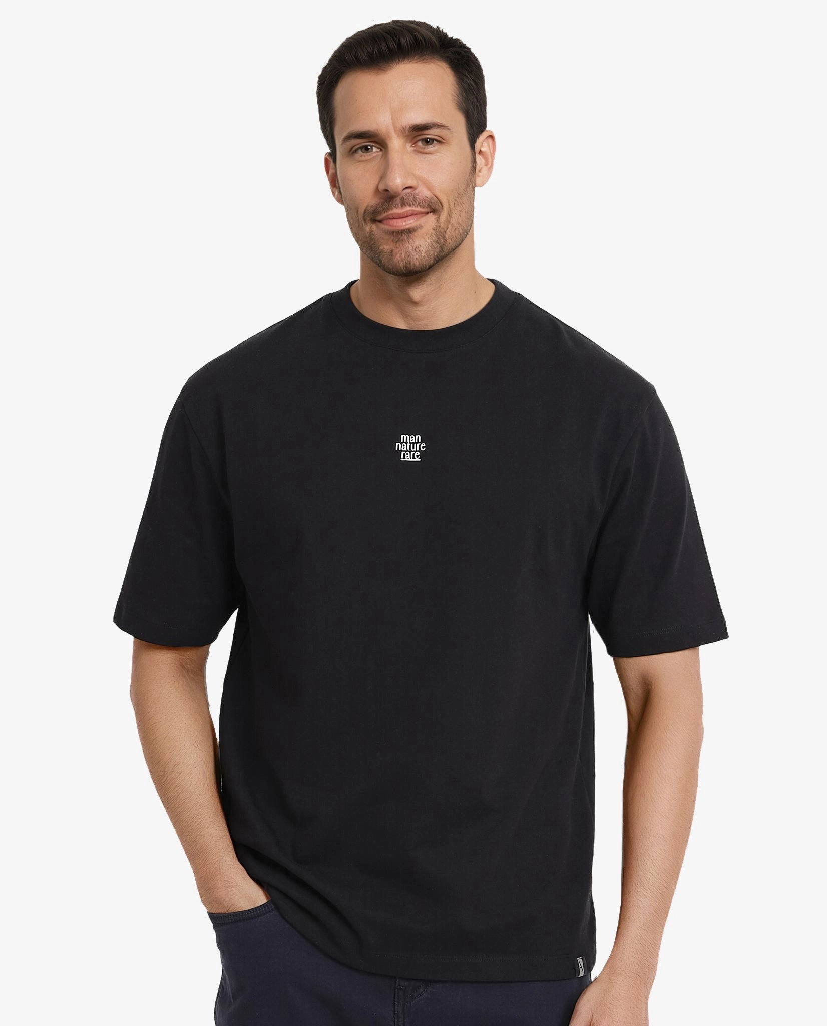 Rare Rabbit Men Fluers Black Cotton Fabric Short Sleeve Crew Neck Oversized Fit Graphic Back Print T-Shirt