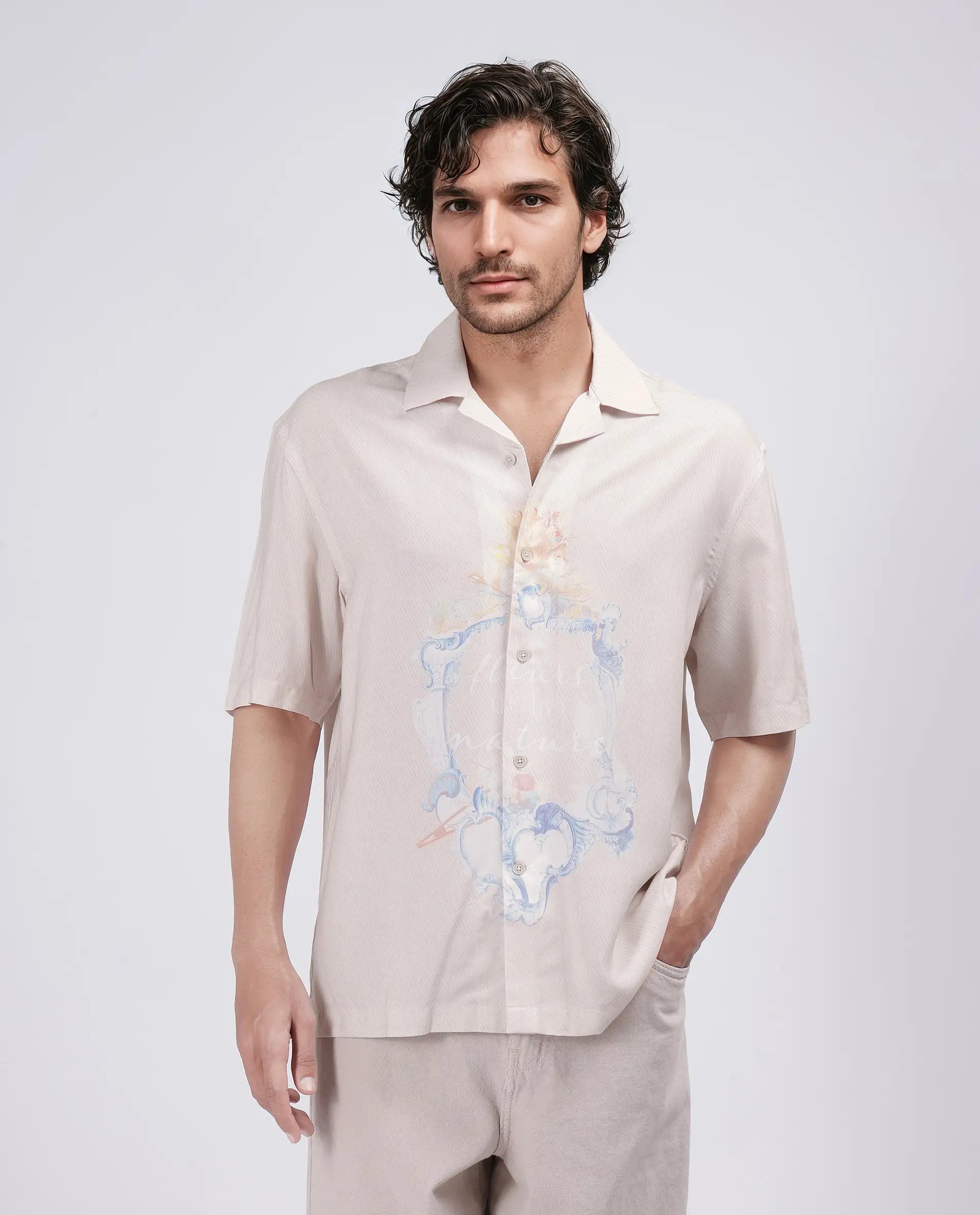 Rare Rabbit Men Fluerst Beige Cotton Fabric Short Sleeve Collared Neck Button Closure Plain Shirt