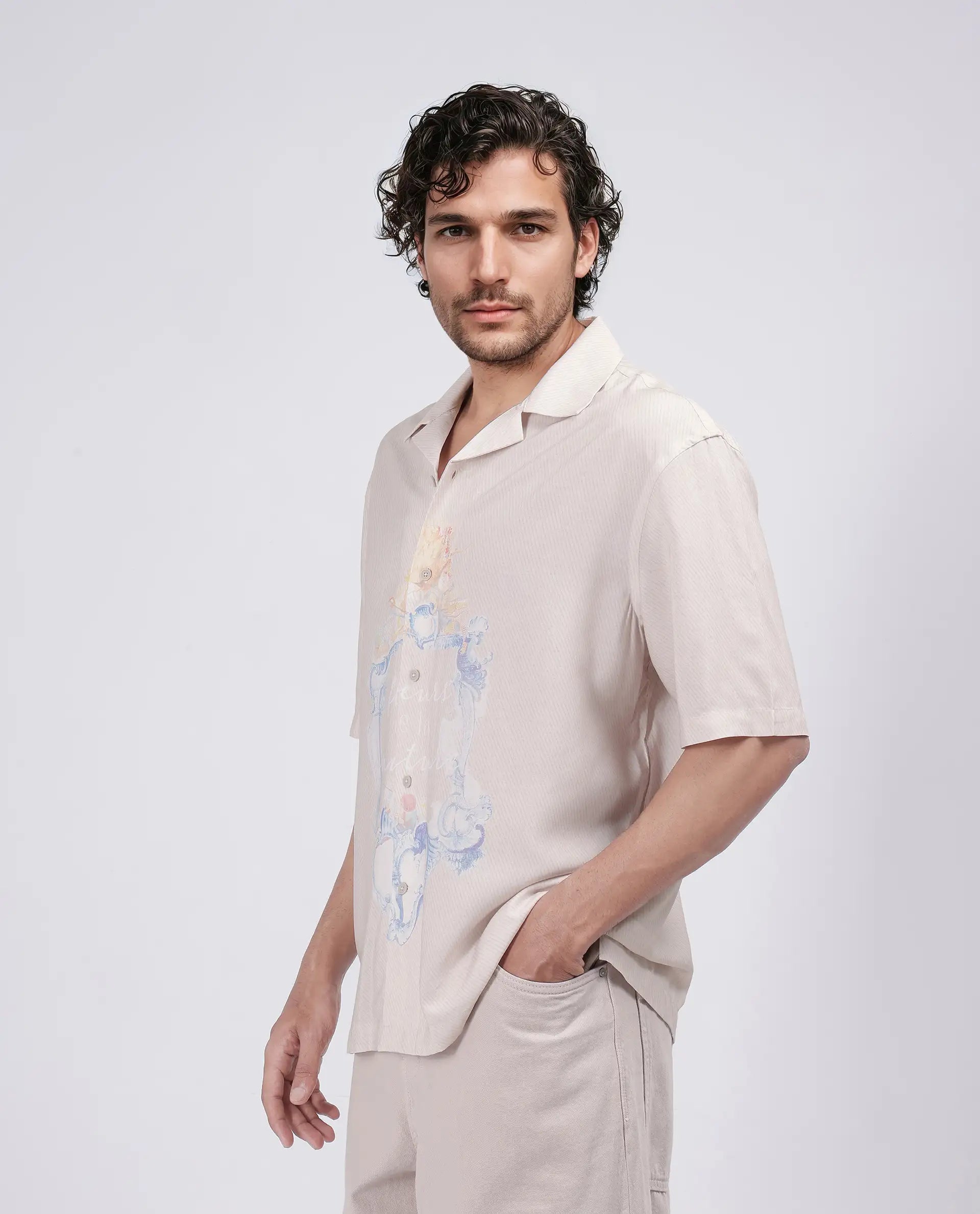 Rare Rabbit Men Fluerst Beige Cotton Fabric Short Sleeve Collared Neck Button Closure Plain Shirt