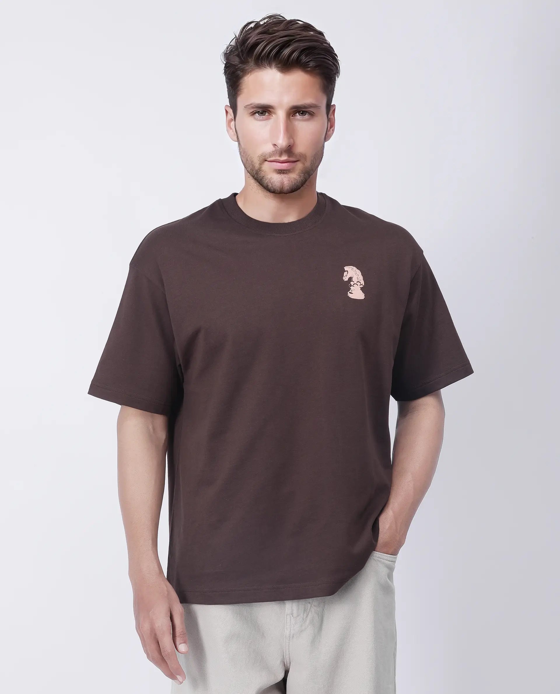 Rare Rabbit Men's Fluen Brown Cotton Graphic Print Oversized Fit Half Sleeve Crew Neck T-Shirt