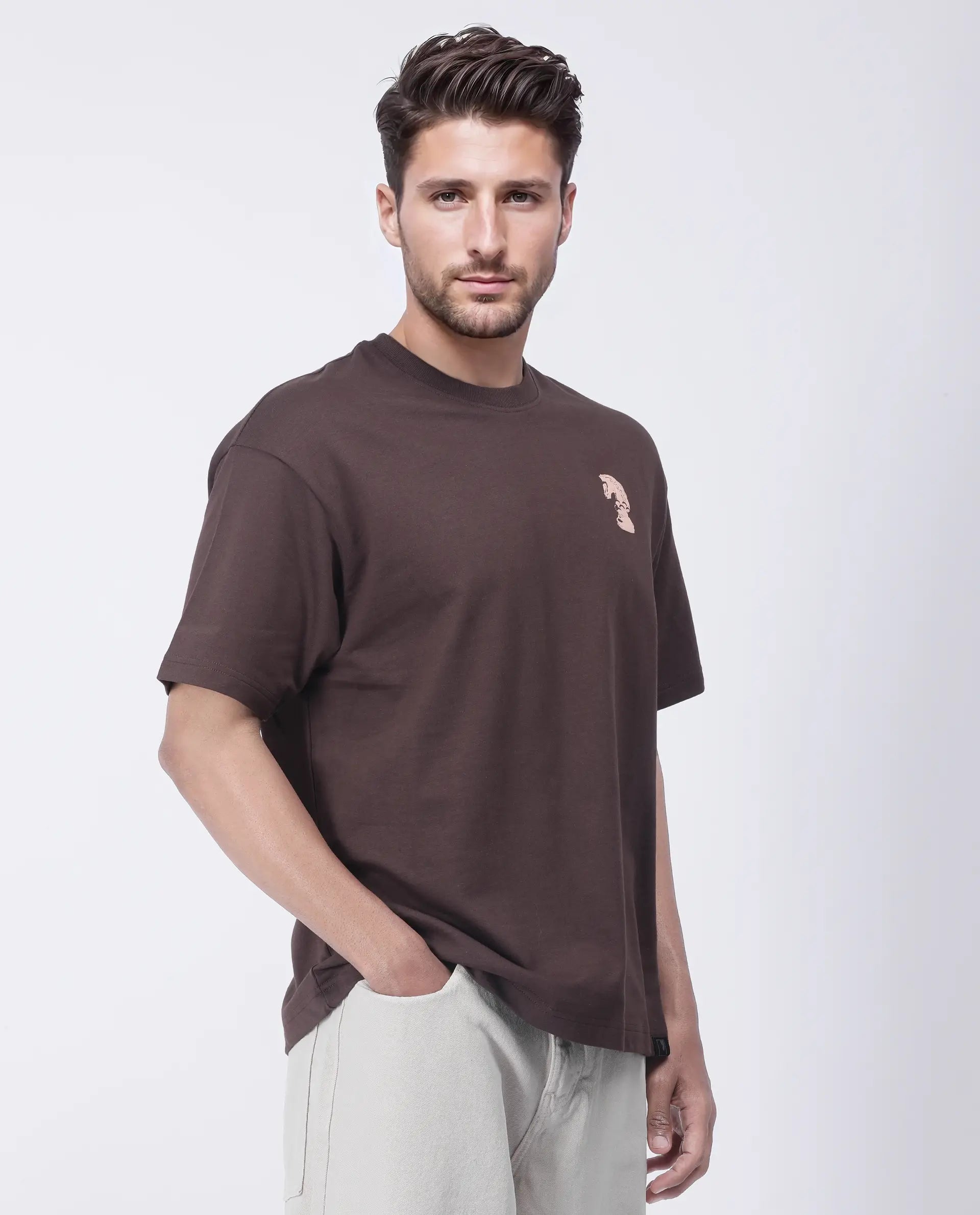 Rare Rabbit Men's Fluen Brown Cotton Graphic Print Oversized Fit Half Sleeve Crew Neck T-Shirt