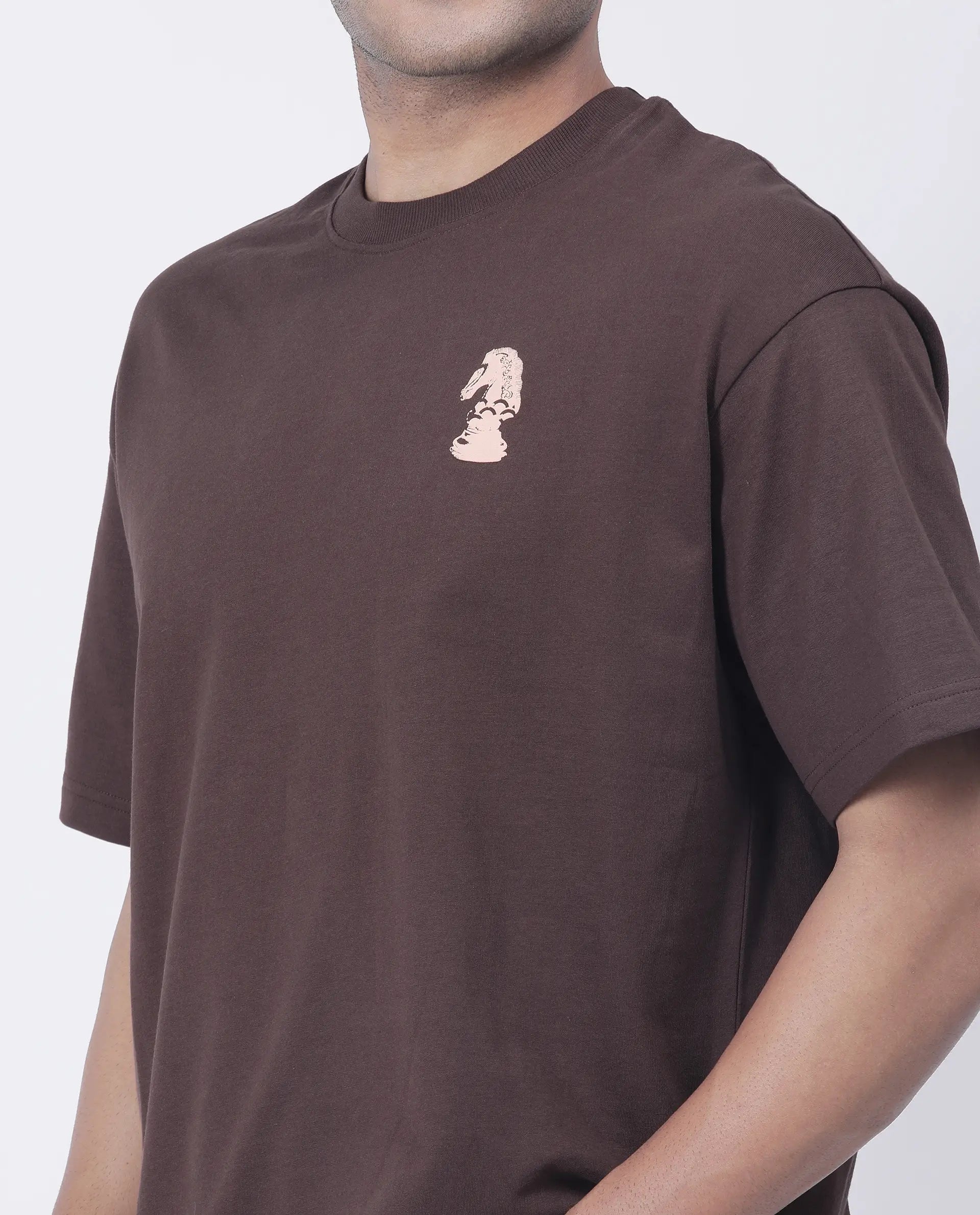 Rare Rabbit Men's Fluen Brown Cotton Graphic Print Oversized Fit Half Sleeve Crew Neck T-Shirt