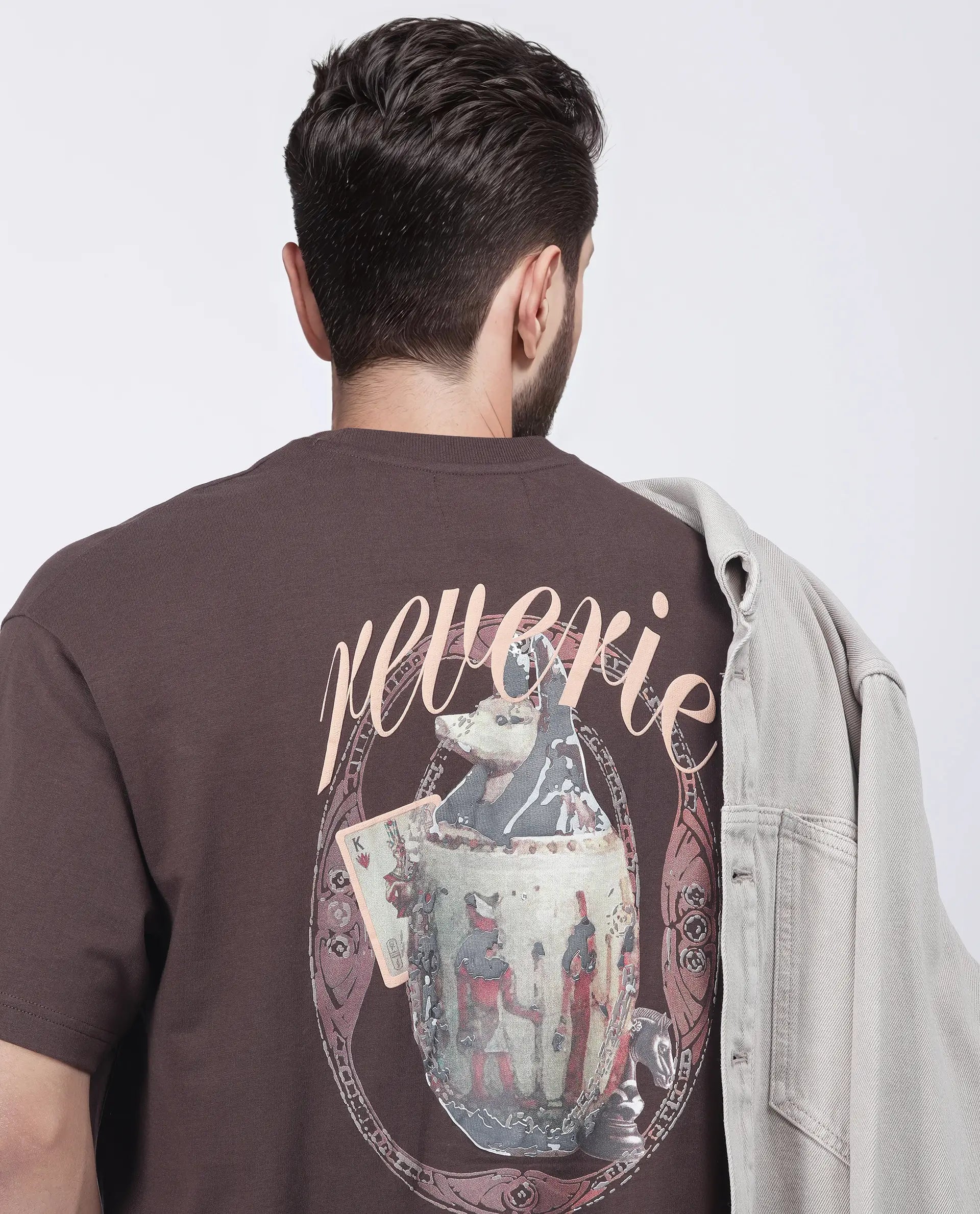 Rare Rabbit Men's Fluen Brown Cotton Graphic Print Oversized Fit Half Sleeve Crew Neck T-Shirt