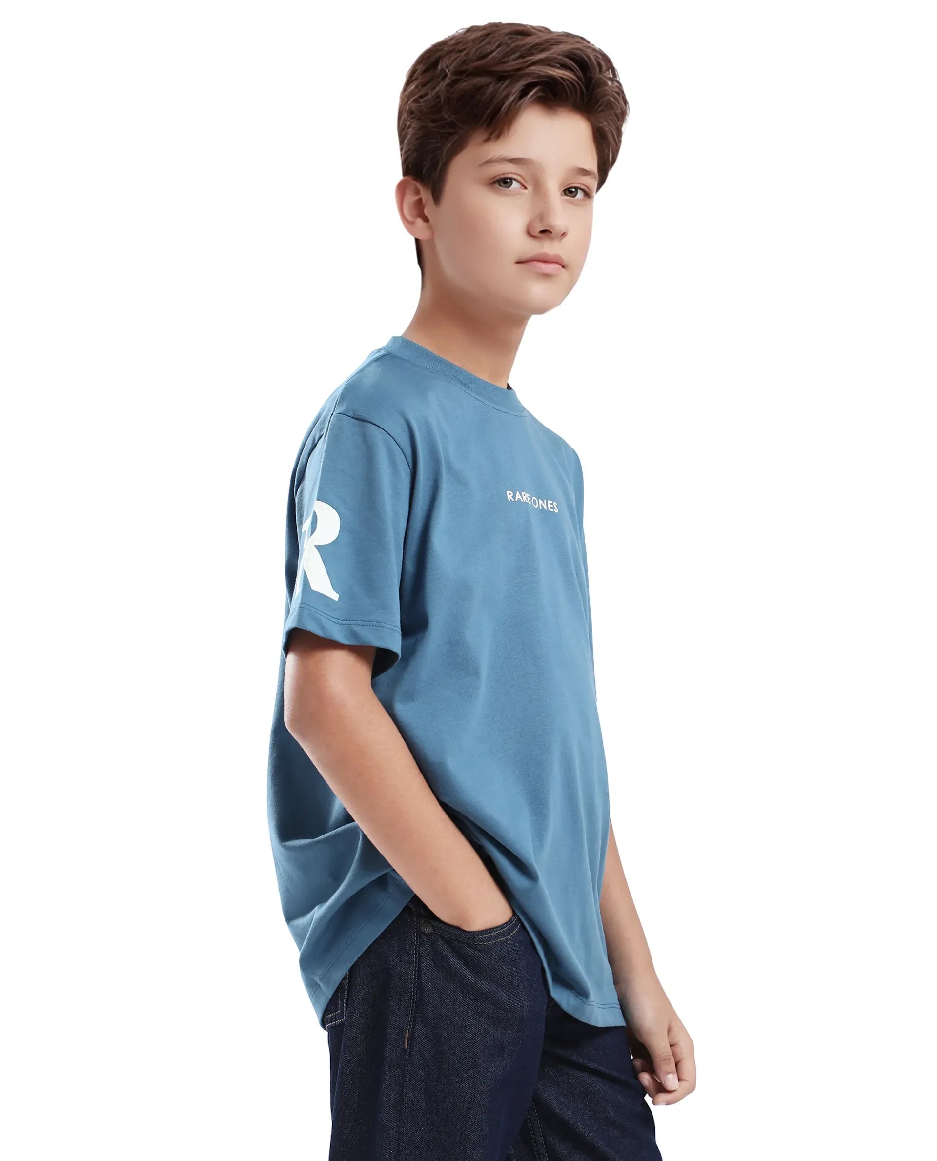 Rare Ones Kids Flux Dusky Blue Cotton Blend Half Sleeve Slip-On Printed Regular Fit T-Shirt