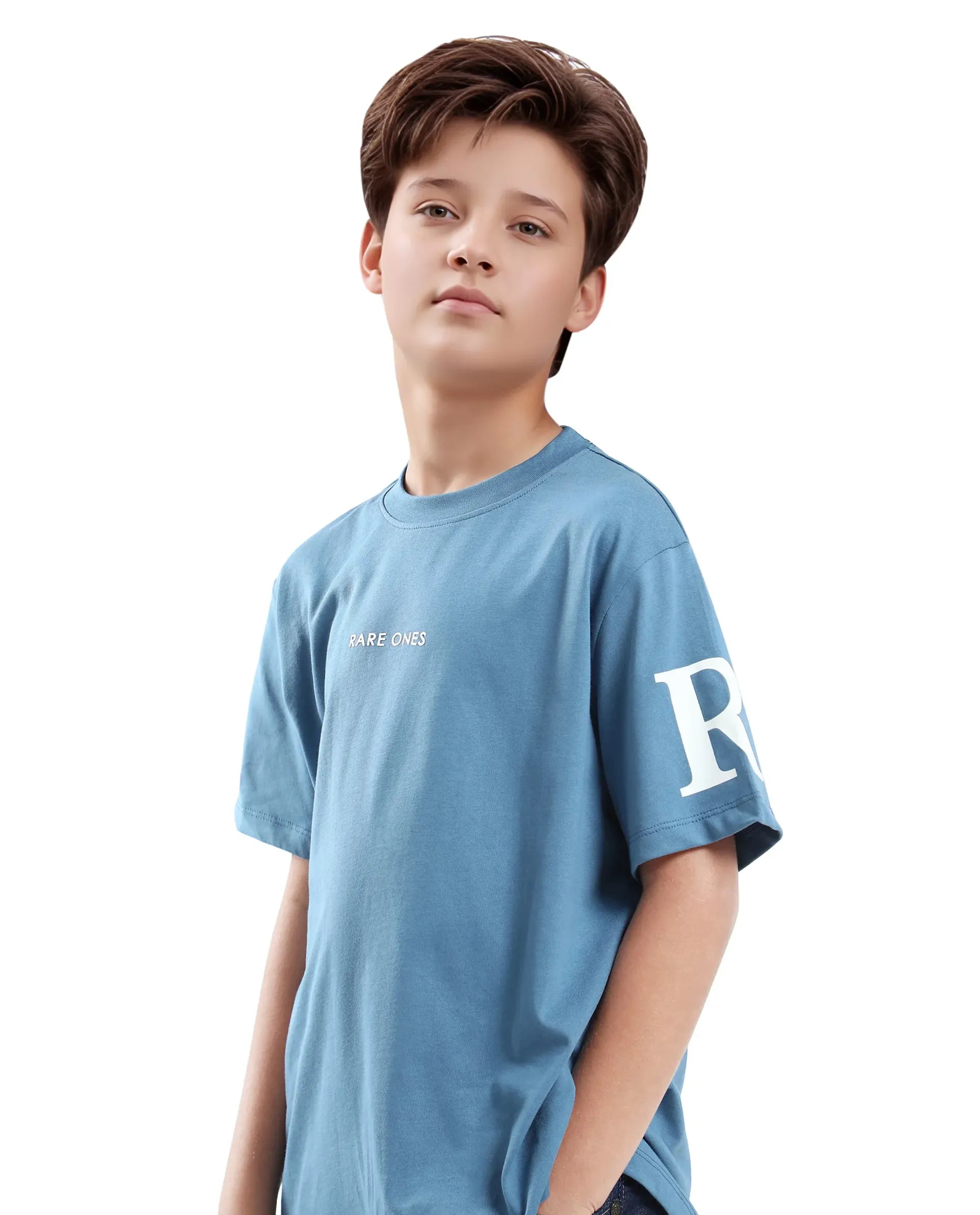 Rare Ones Kids Flux Dusky Blue Cotton Blend Half Sleeve Slip-On Printed Regular Fit T-Shirt