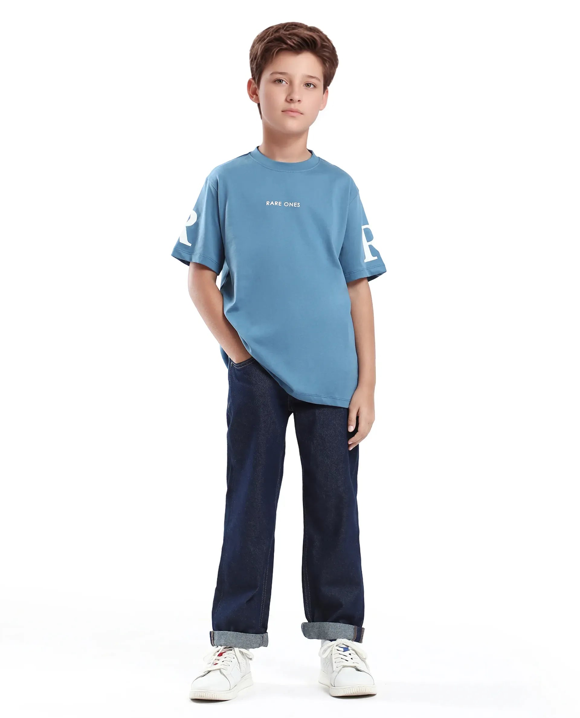 Rare Ones Kids Flux Dusky Blue Cotton Blend Half Sleeve Slip-On Printed Regular Fit T-Shirt