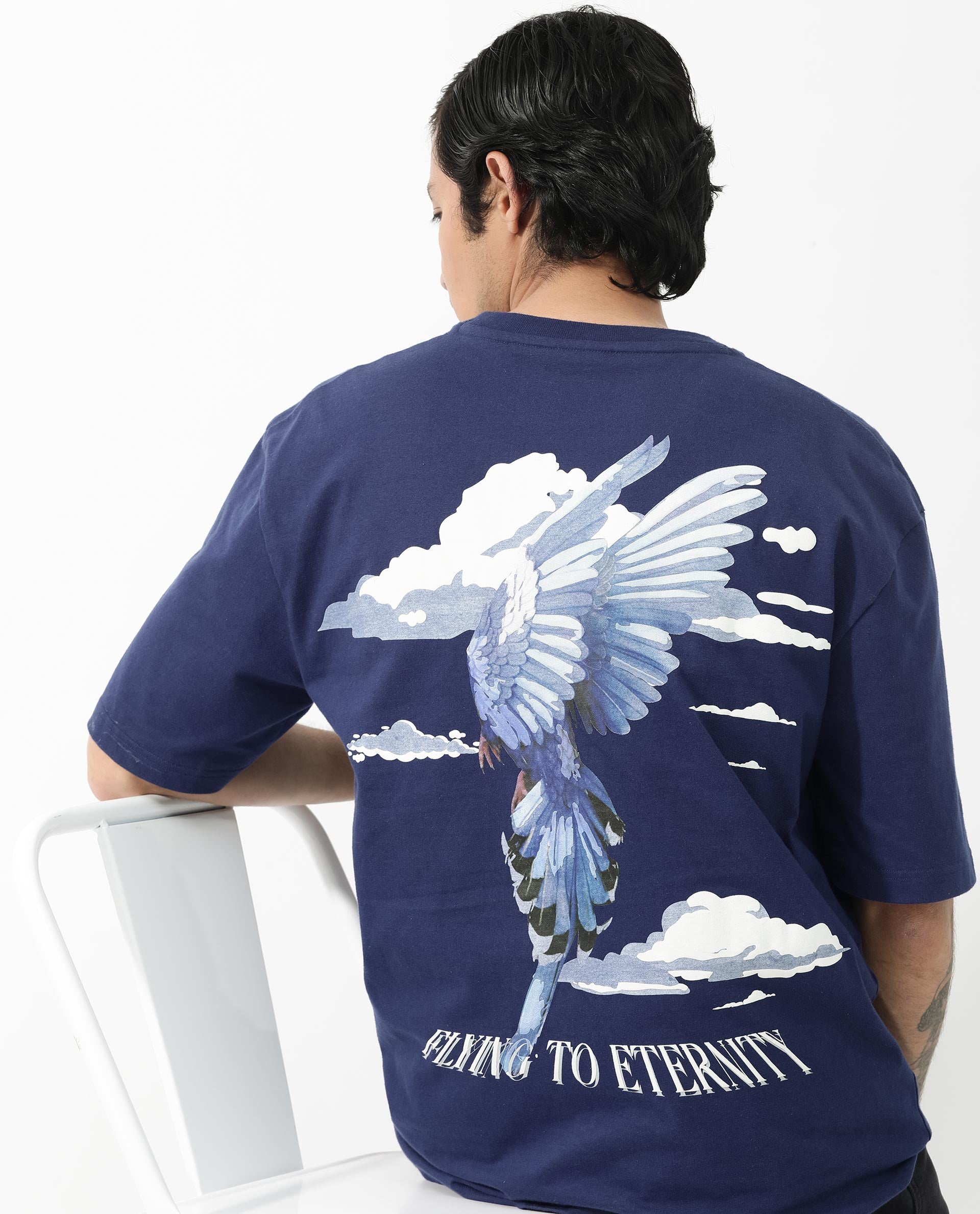 Rare Rabbit Articale Men's Flyby Blue Cotton Fabric Crew Neck Oversized Fit Graphic Print T-Shirt