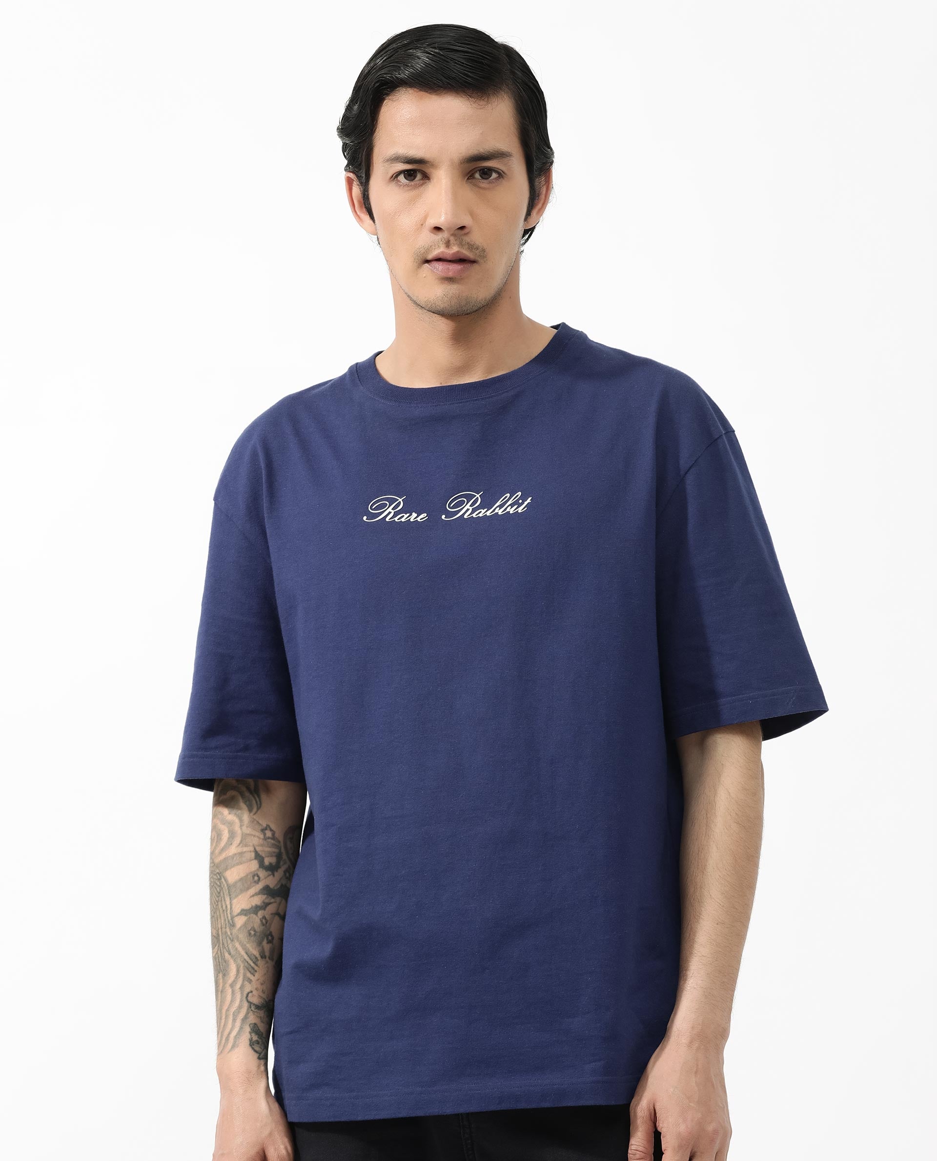 Rare Rabbit Articale Men's Flyby Blue Cotton Fabric Crew Neck Oversized Fit Graphic Print T-Shirt