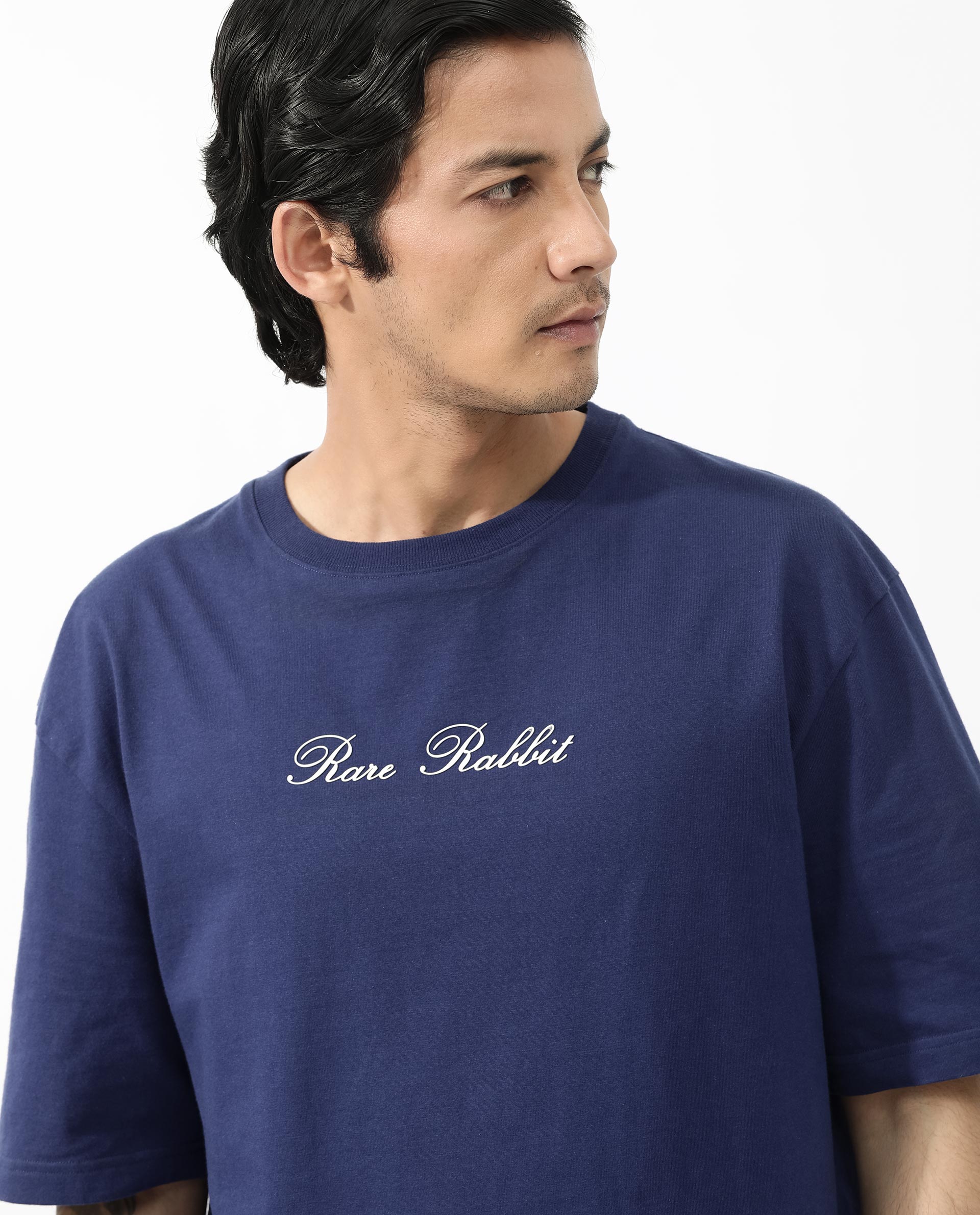Rare Rabbit Articale Men's Flyby Blue Cotton Fabric Crew Neck Oversized Fit Graphic Print T-Shirt