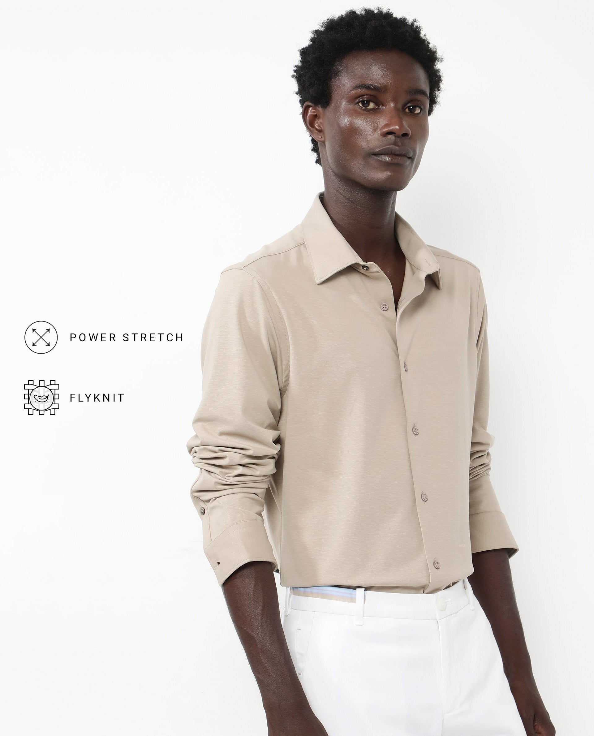 Rare Rabbit Men's Flyknit Beige Cotton Polyester Fabric Full Sleeves Knitted Solid Shirt