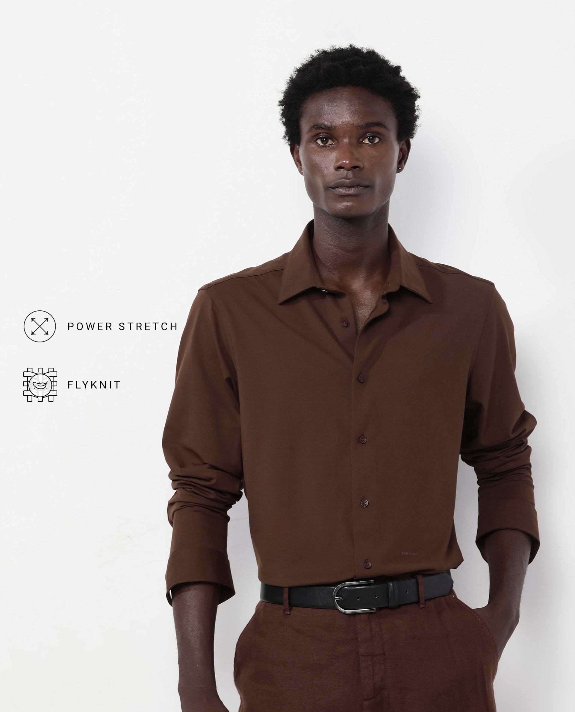 Rare Rabbit Men's Flyknit Brown Cotton Polyester Fabric Full Sleeves Knitted Solid Shirt